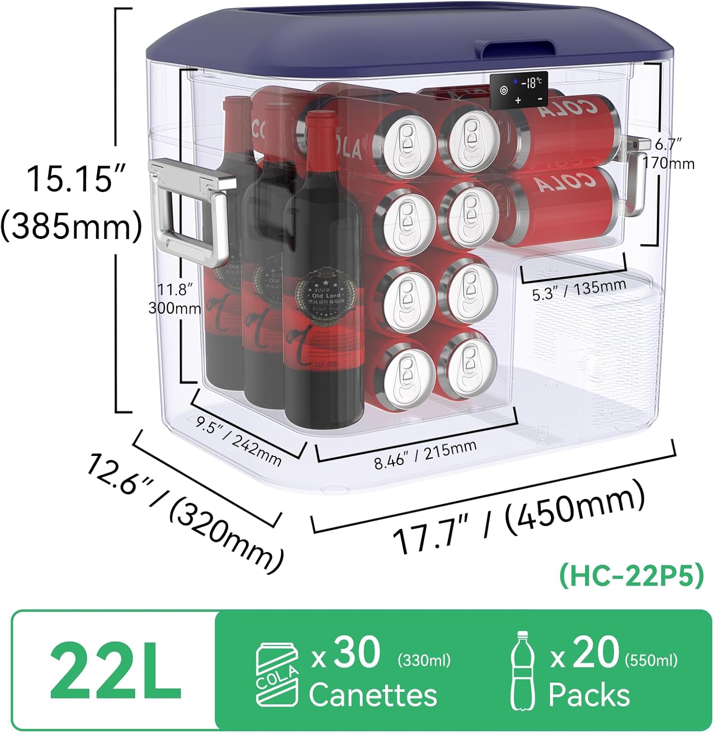 BINGI - glaciere electrique 22L - silencieuse, -18°C/+15°C, 12V/24V/220V