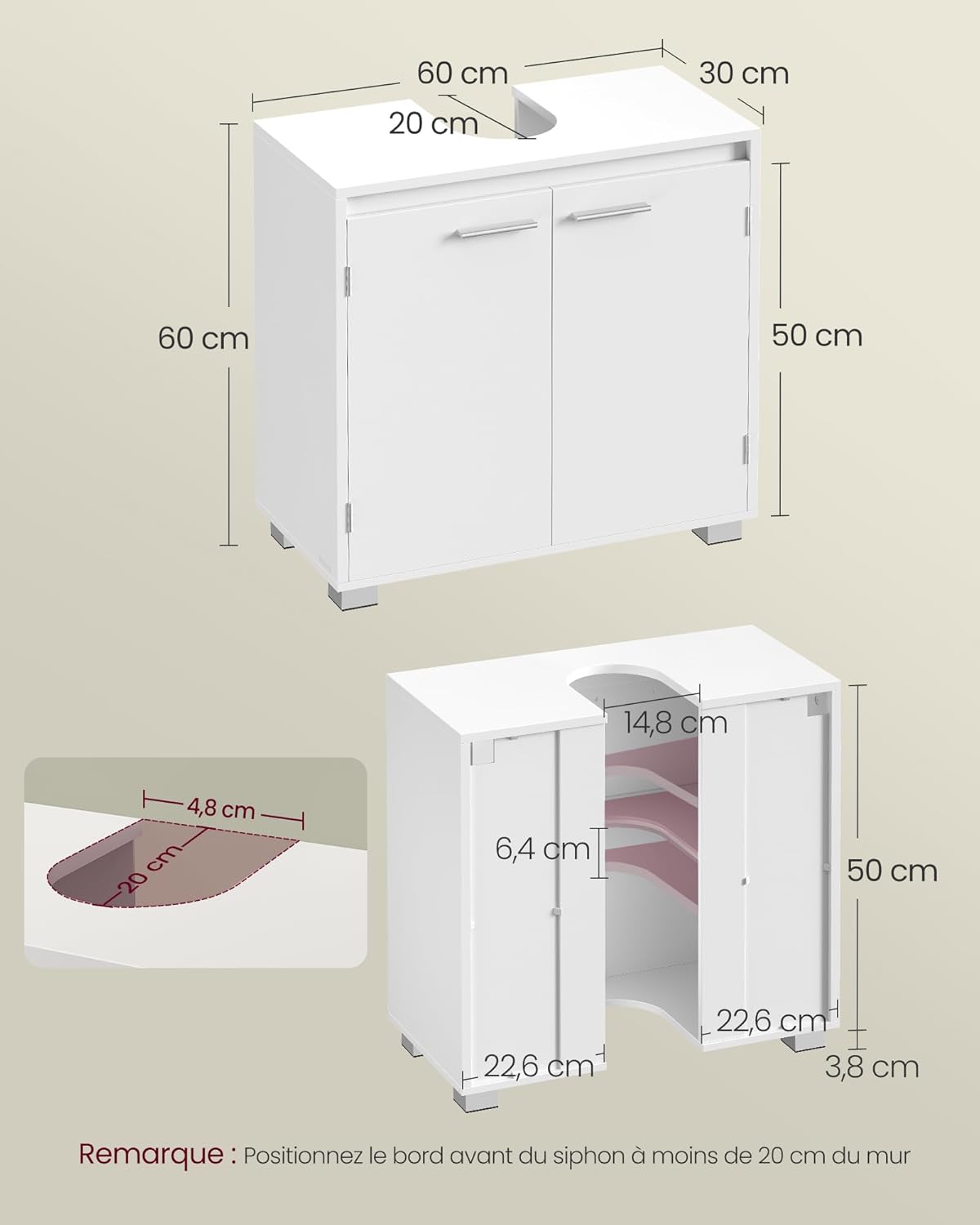 VASAGLE - meuble sous lavabo série BBK506W01 - 30x60x60 cm - 2 compartiments, pieds, blanc