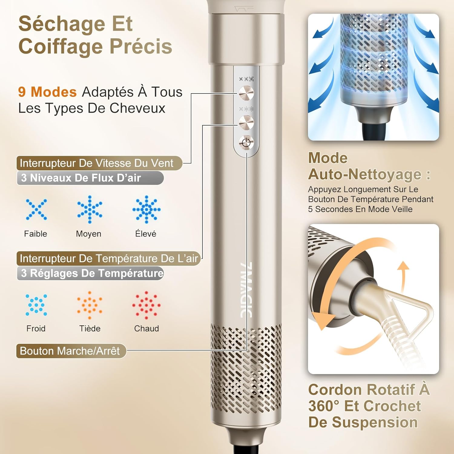 7MAGIC - Air Styler 6 en 1 - compact - sèche/ionique/boucle/lisse coiffage, 7MAGIC