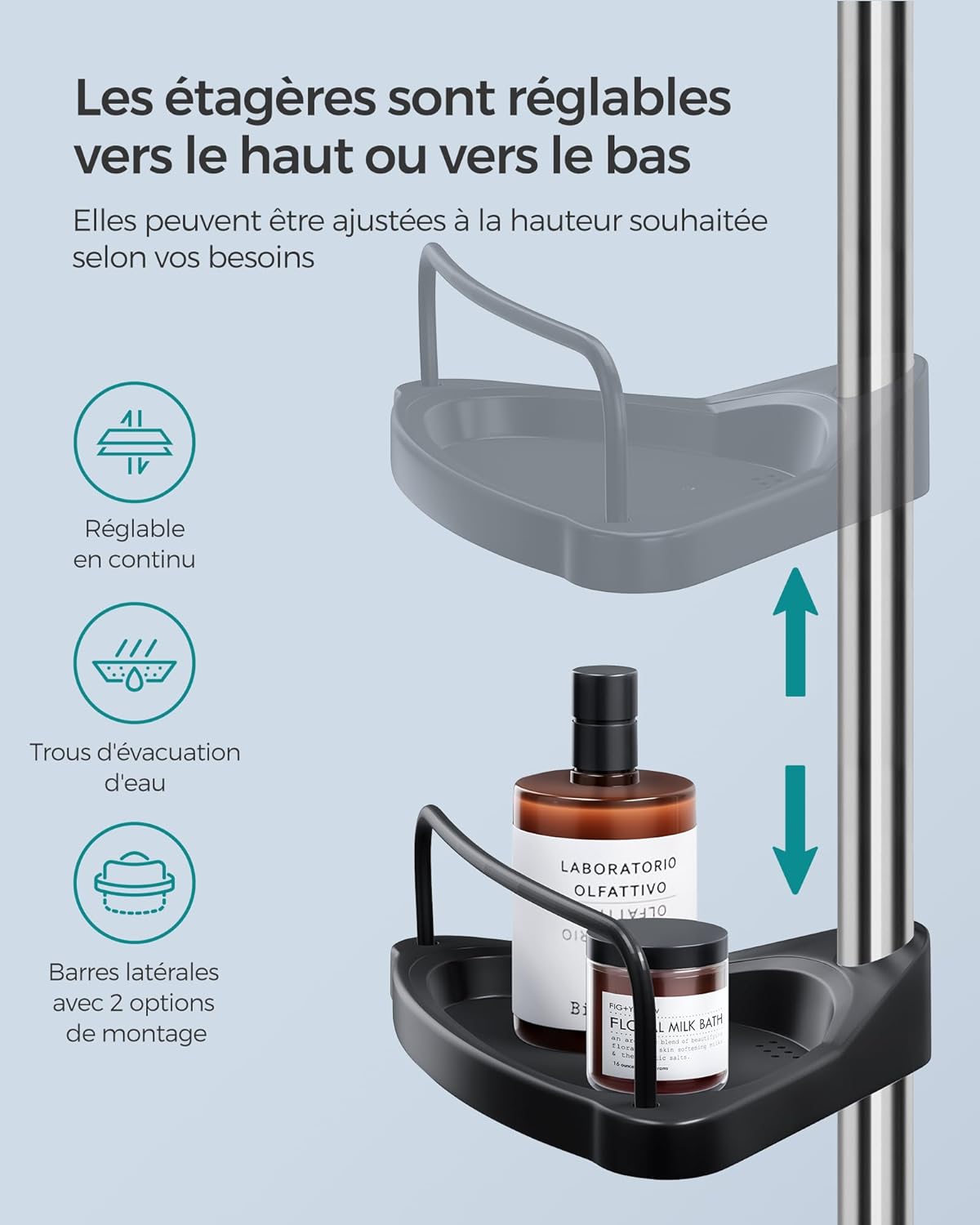 SONGMICS - étagère réglable salle de bain - 95-300 cm - inox, 4 niveaux, crochets, porte-serviettes, BCB002B01