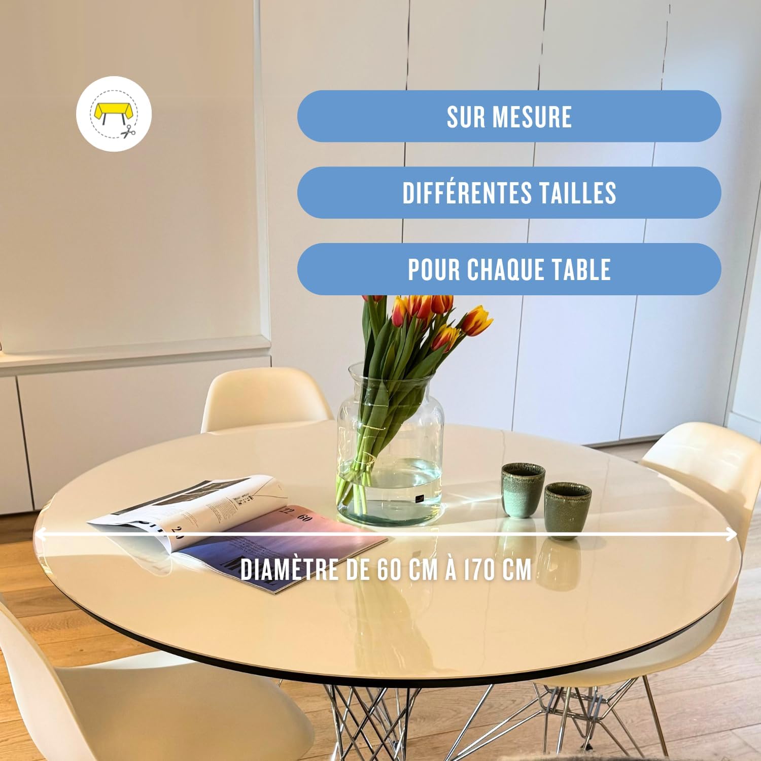 Nappe transparente ronde 120 cm, 2mm, anti-tache, lavable