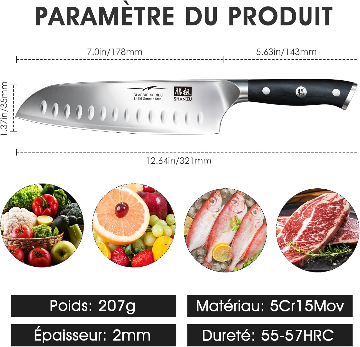 SHAN ZU - Santoku professionnel - 18cm - acier inox, manche bois