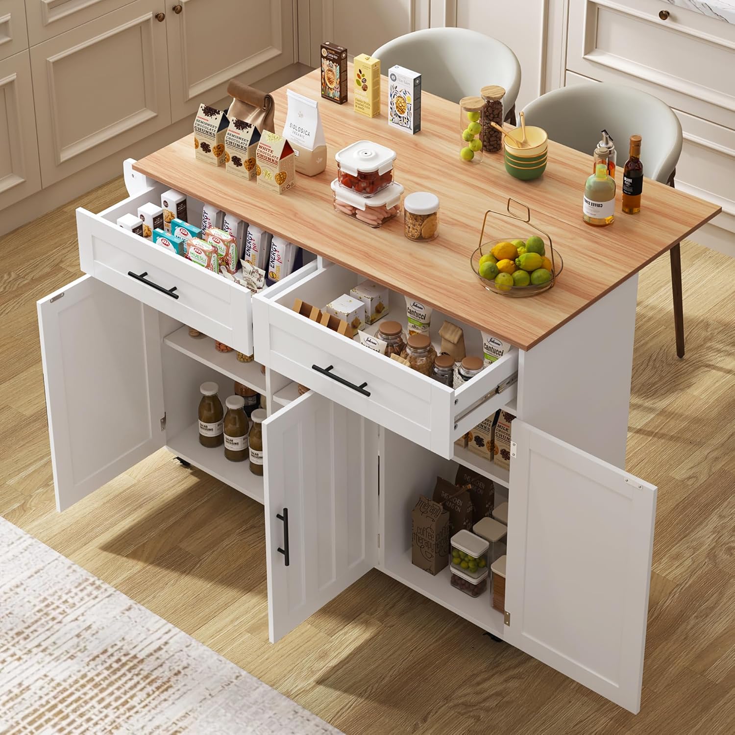 Desserte cuisine îlot - plans rabattables, 2 tiroirs, 3 portes, 129x71x91,5cm
