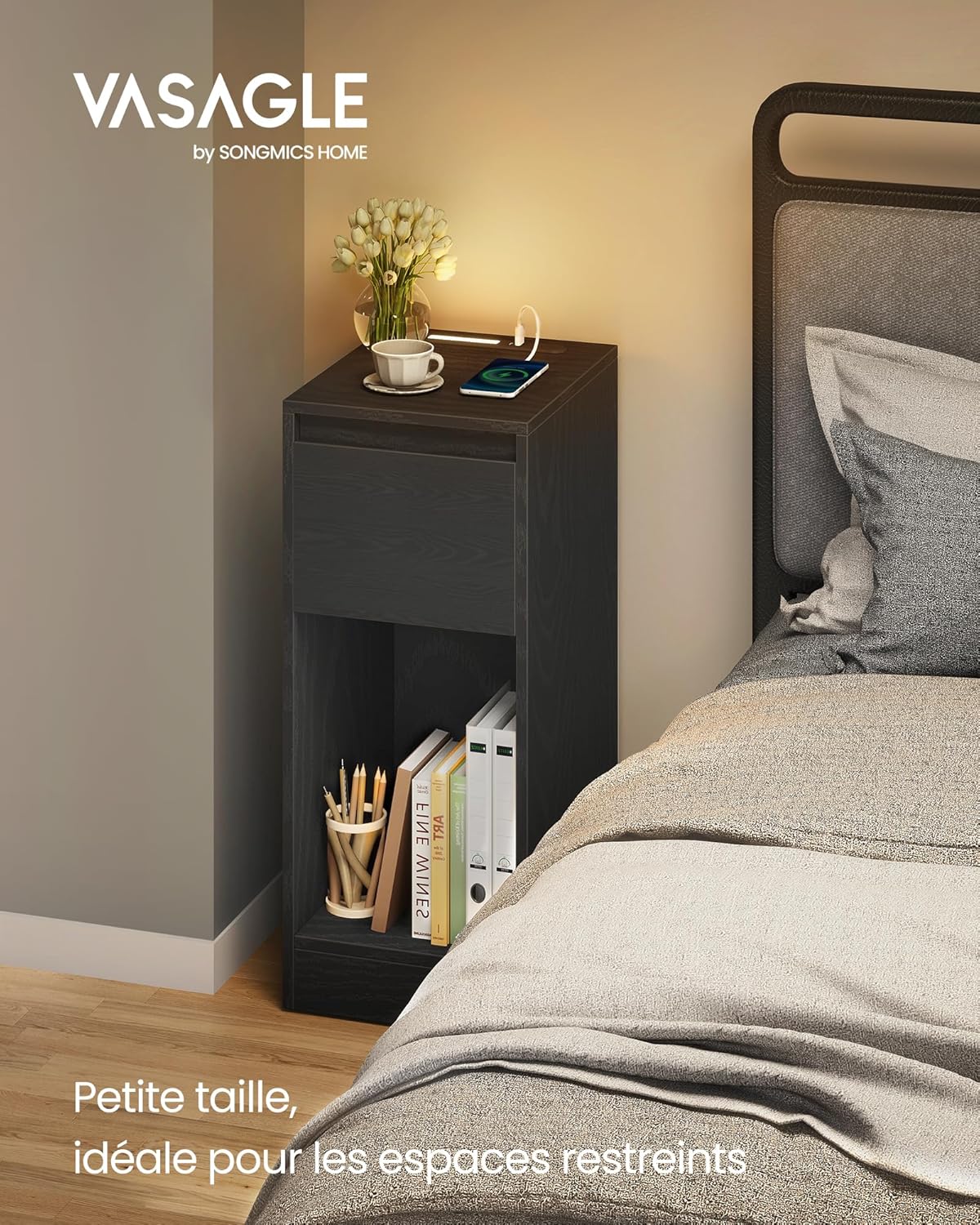 VASAGLE - lot de 2 tables de chevet LED, ports USB, tiroirs, LET710B01