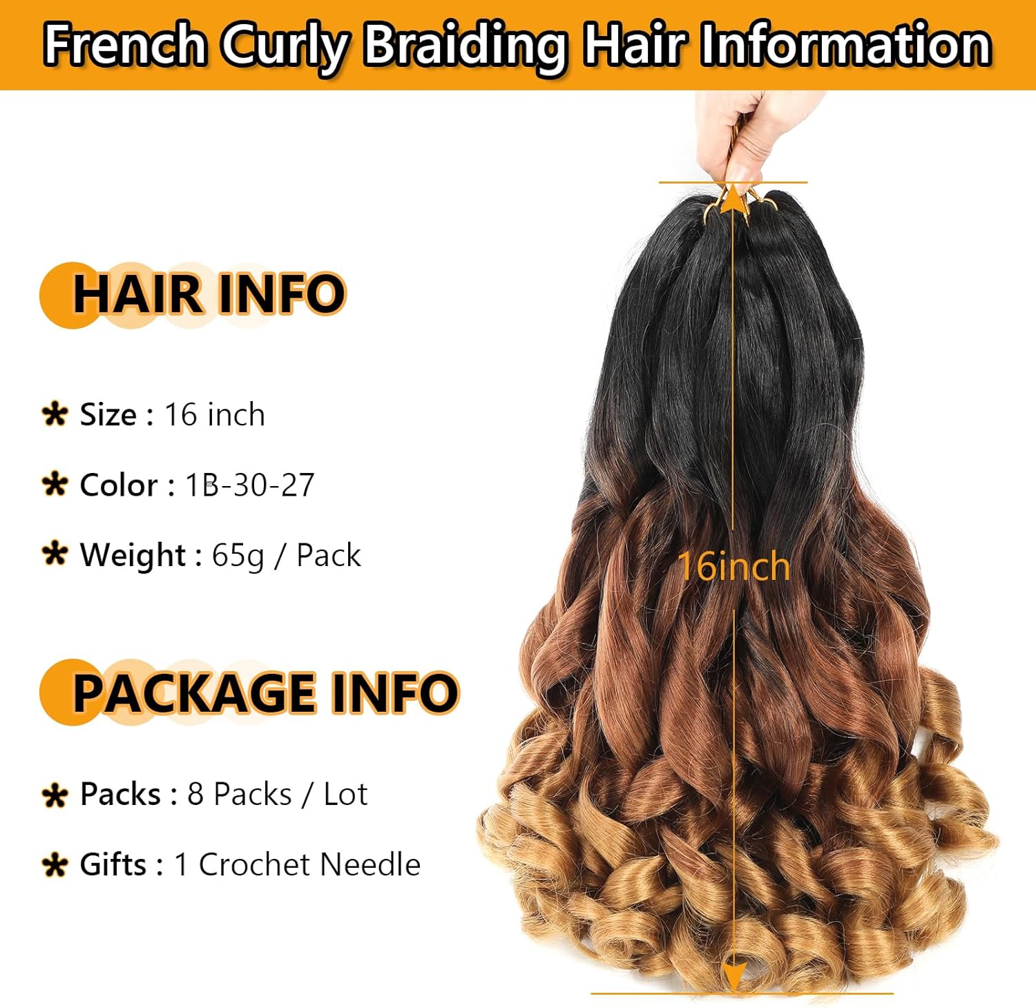 Mèches tressage - French Curl Bouclées 16 pouces, 8 paquets, 1B/30/27