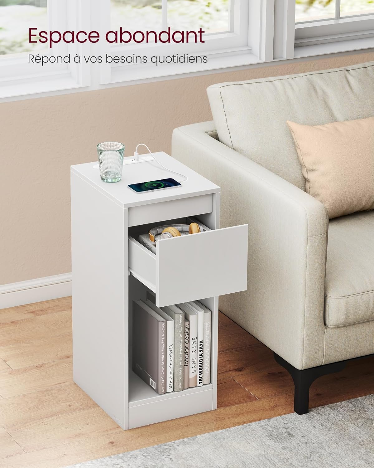 VASAGLE - table de chevet lot de 2, LED, USB, tiroirs, blanc, LET710W01