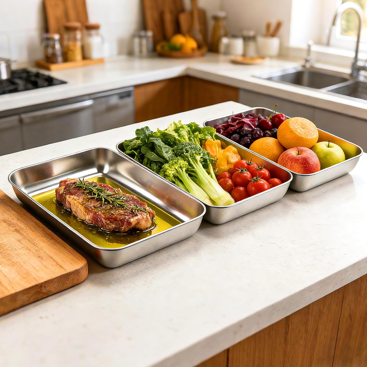 VINATO - Plateaux inox rectangulaires x3 - 25.5x20x4.5 cm - conservation alimentaire, cuisson, service