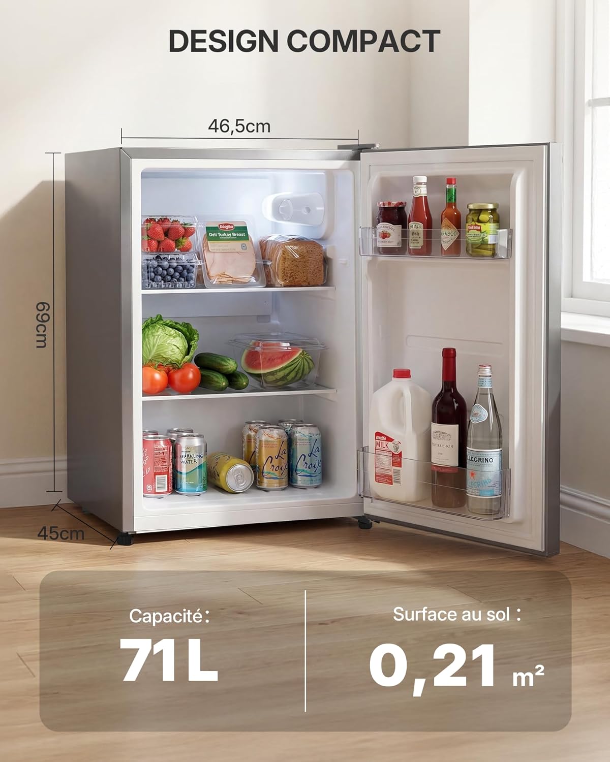 Upstreman - petit frigo 71L - 7 modes, LED, 40dB, économe - CR71-Argent