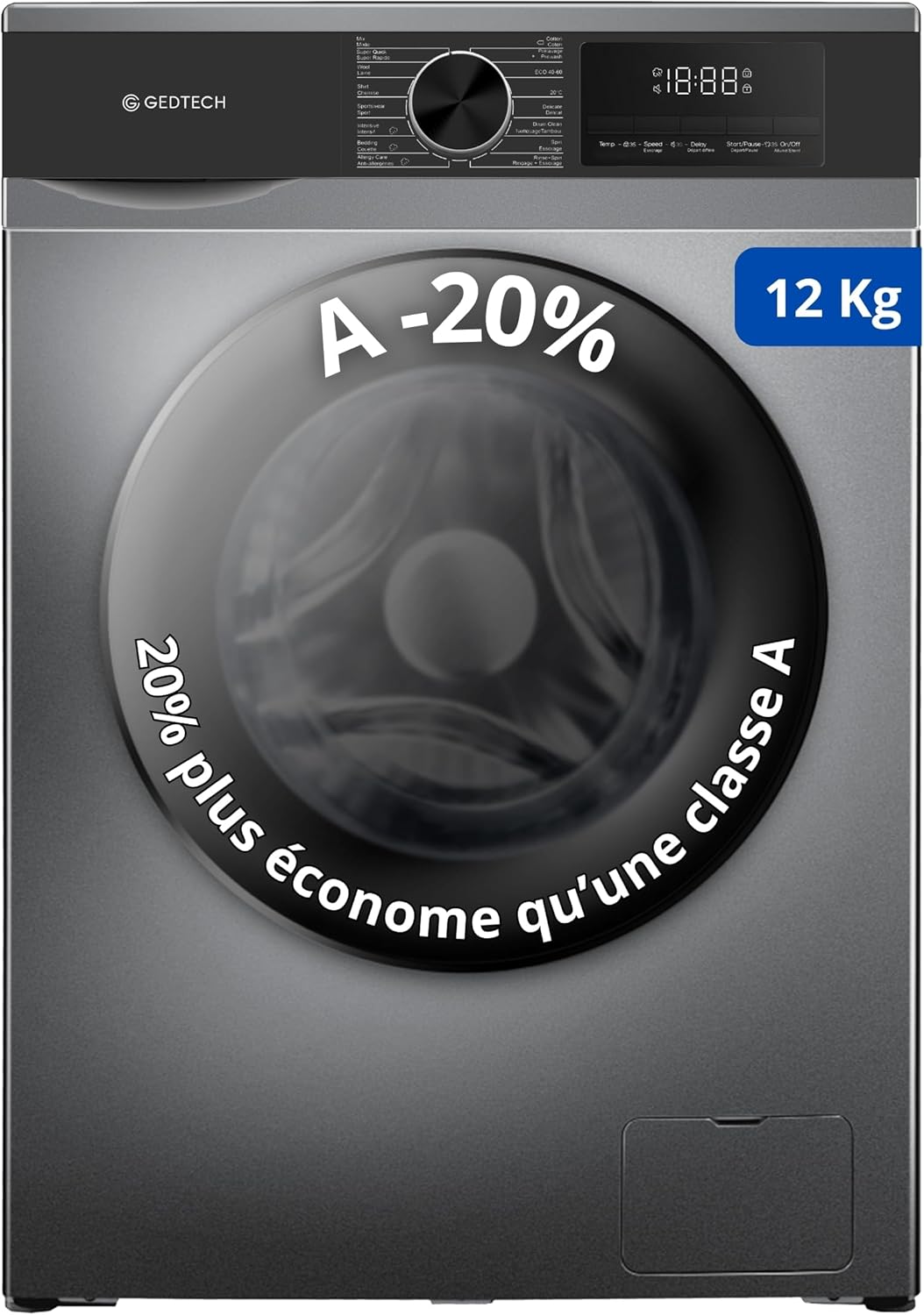 GEDTECH - Lave-linge frontal classe A, 12kg, 1400tr/min, 16 programmes, GLL121400DG