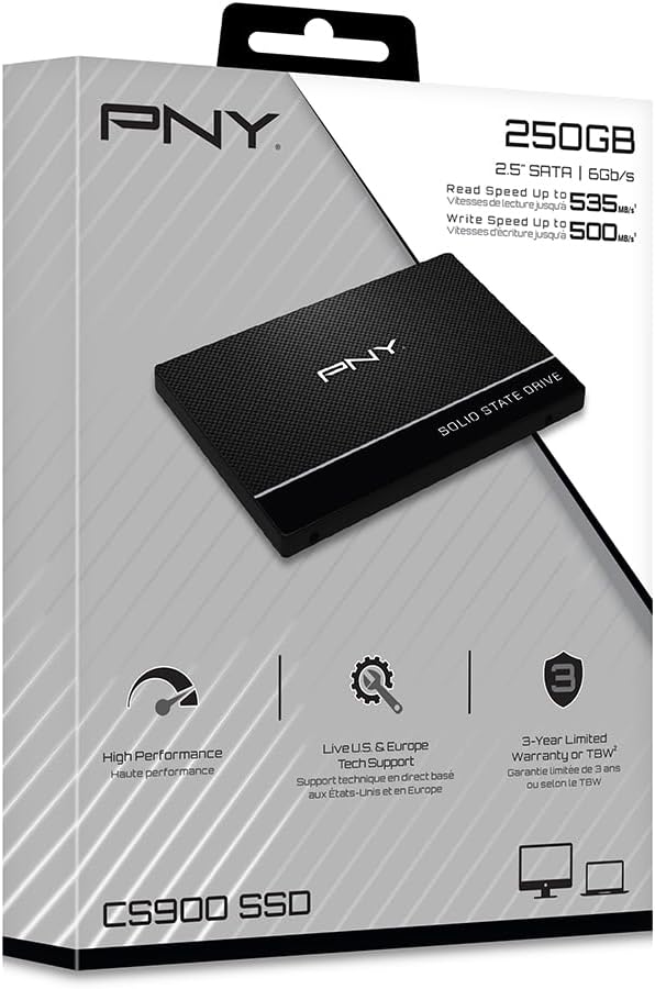 PNY - SSD CS900 - 2.5 pouces - 250Go, SATA III, jusqu’à 535MB/s, CS900