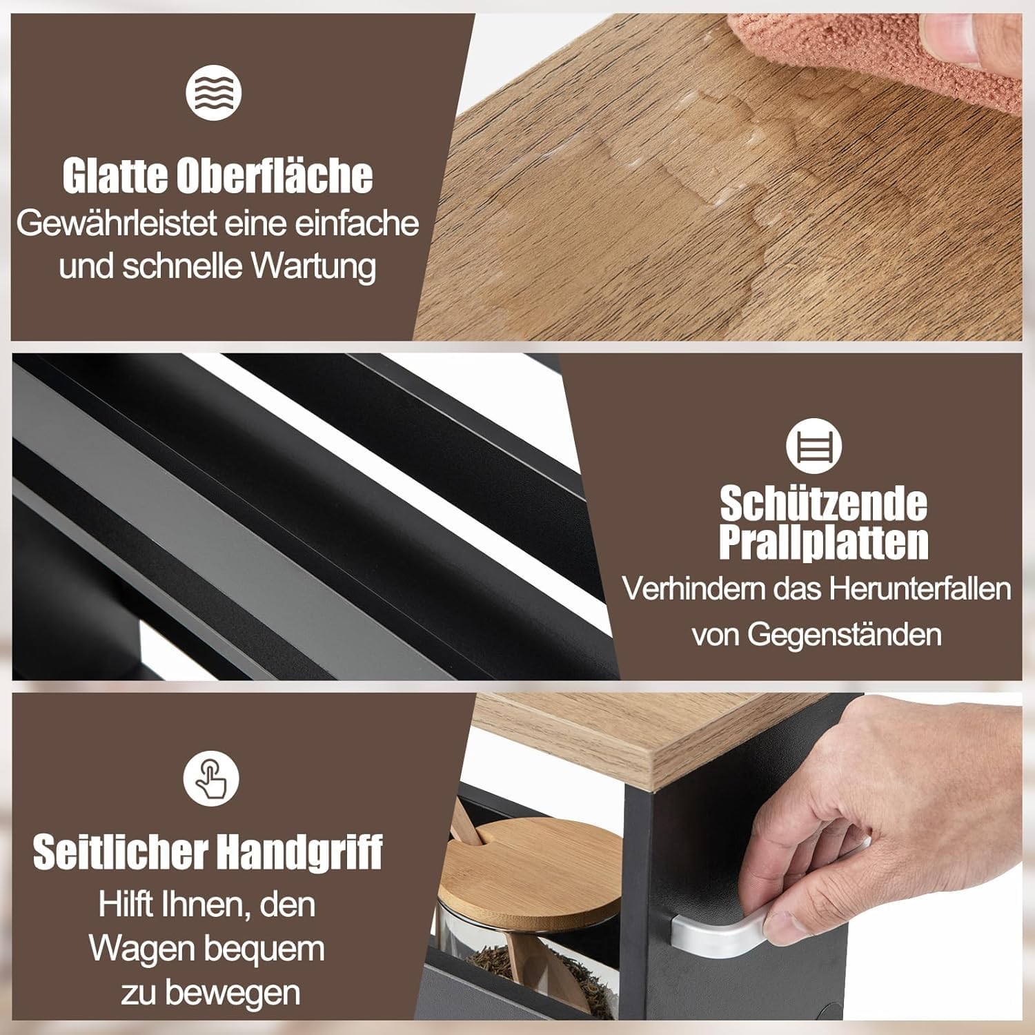 Chariot de rangement 15 cm, 4 niveaux, poignée et crochets, noir/naturel