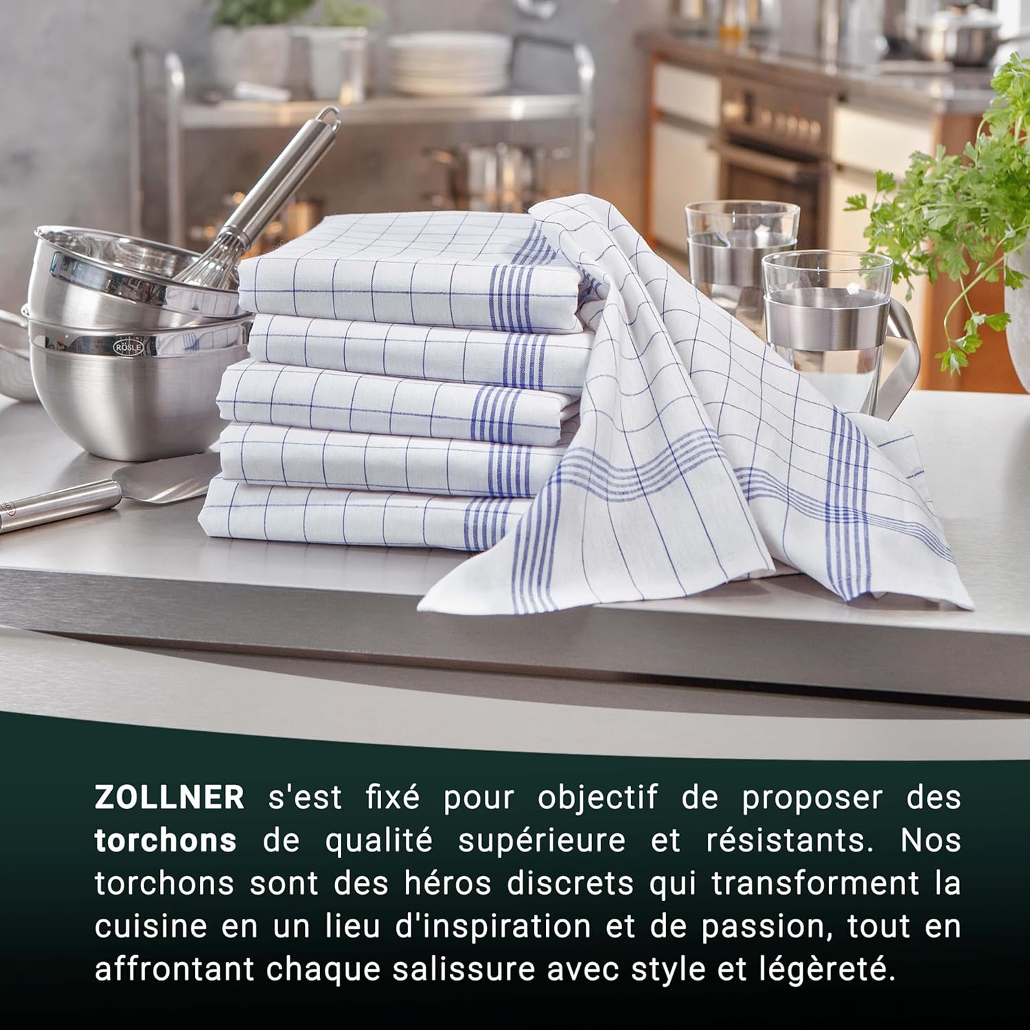 ZOLLNER - set de torchons bleu à carreaux - 50x70 cm - coton, lot de 5