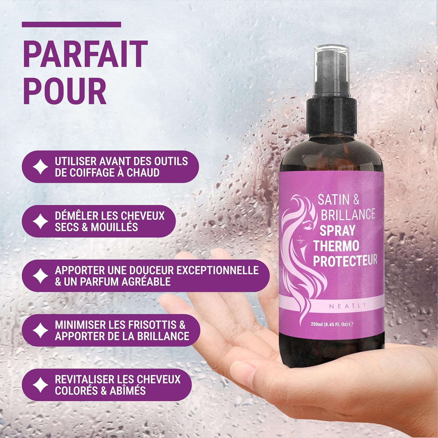 Neatly - Spray thermoprotecteur kératine 250ml - protection chaleur cheveux secs abîmés à 230°C