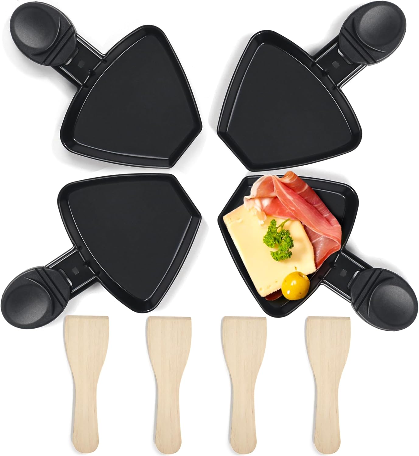 Poêlon raclette - mini 4pcs - fonte, antiadhésif, spatules bois, noir HengBO