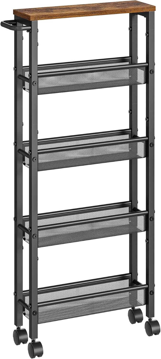 VASAGLE - desserte 5 niveaux - 13x45,4x99,6cm - roulettes, acier, poignée, LRC034B01