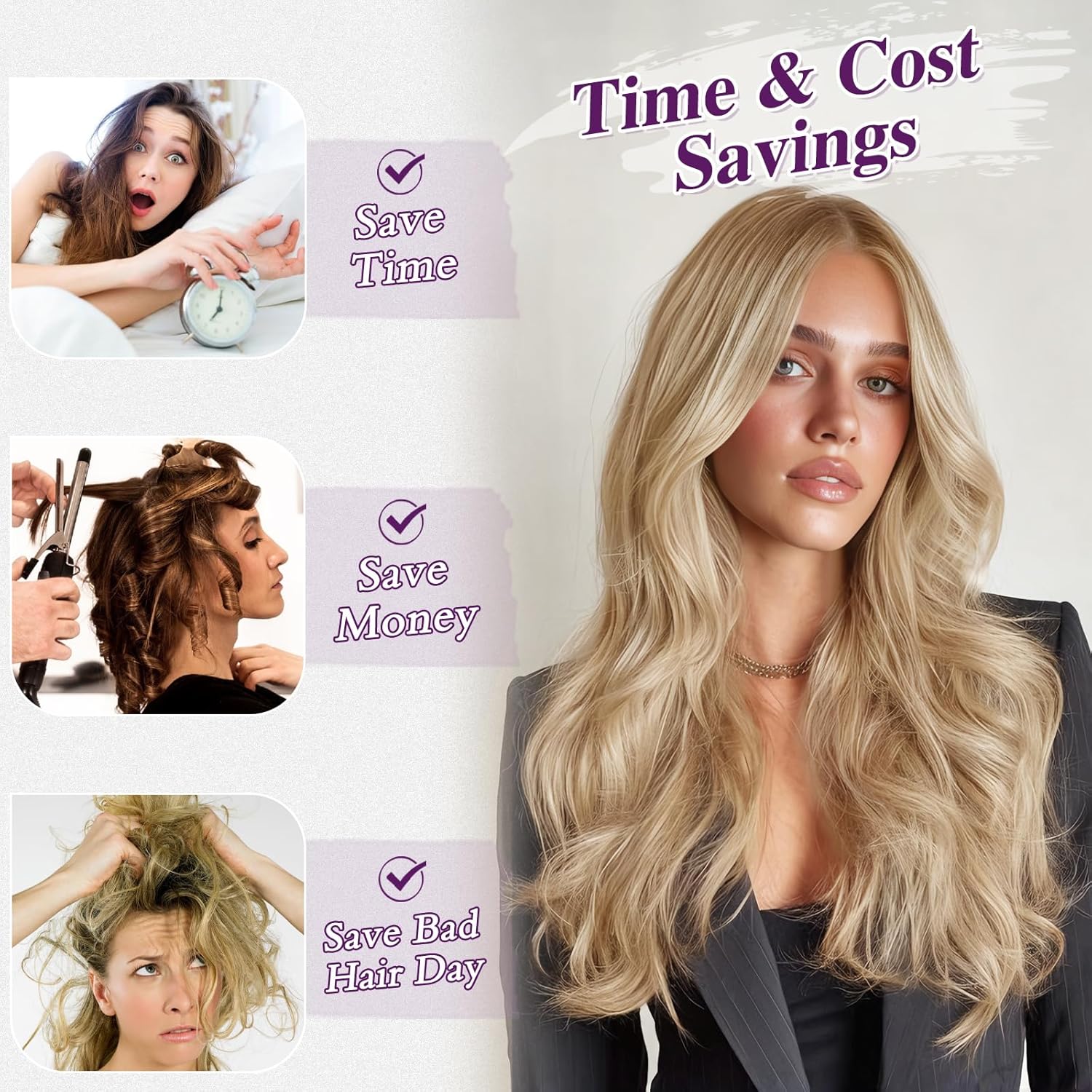 BARSDAR - Extensions à clips ondulées 50cm, blond cendré, lot de 5, synthétique