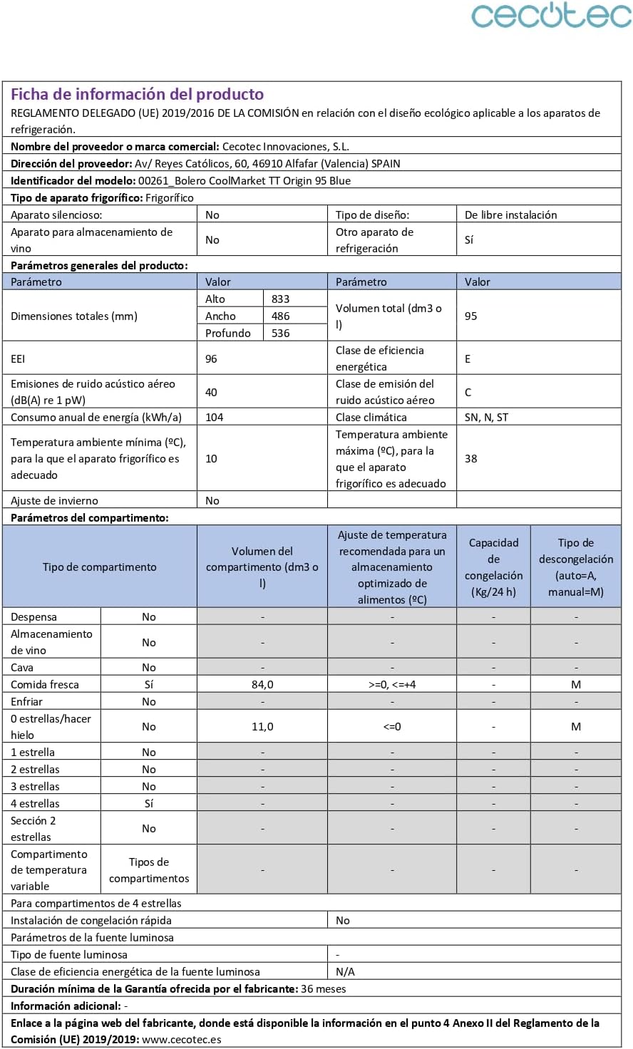 Cecotec - Mini Frigo Retro Bolero Coolmarket - 89,3x48,7cm - 95L, Classe E, Bleu - TT Origin 103