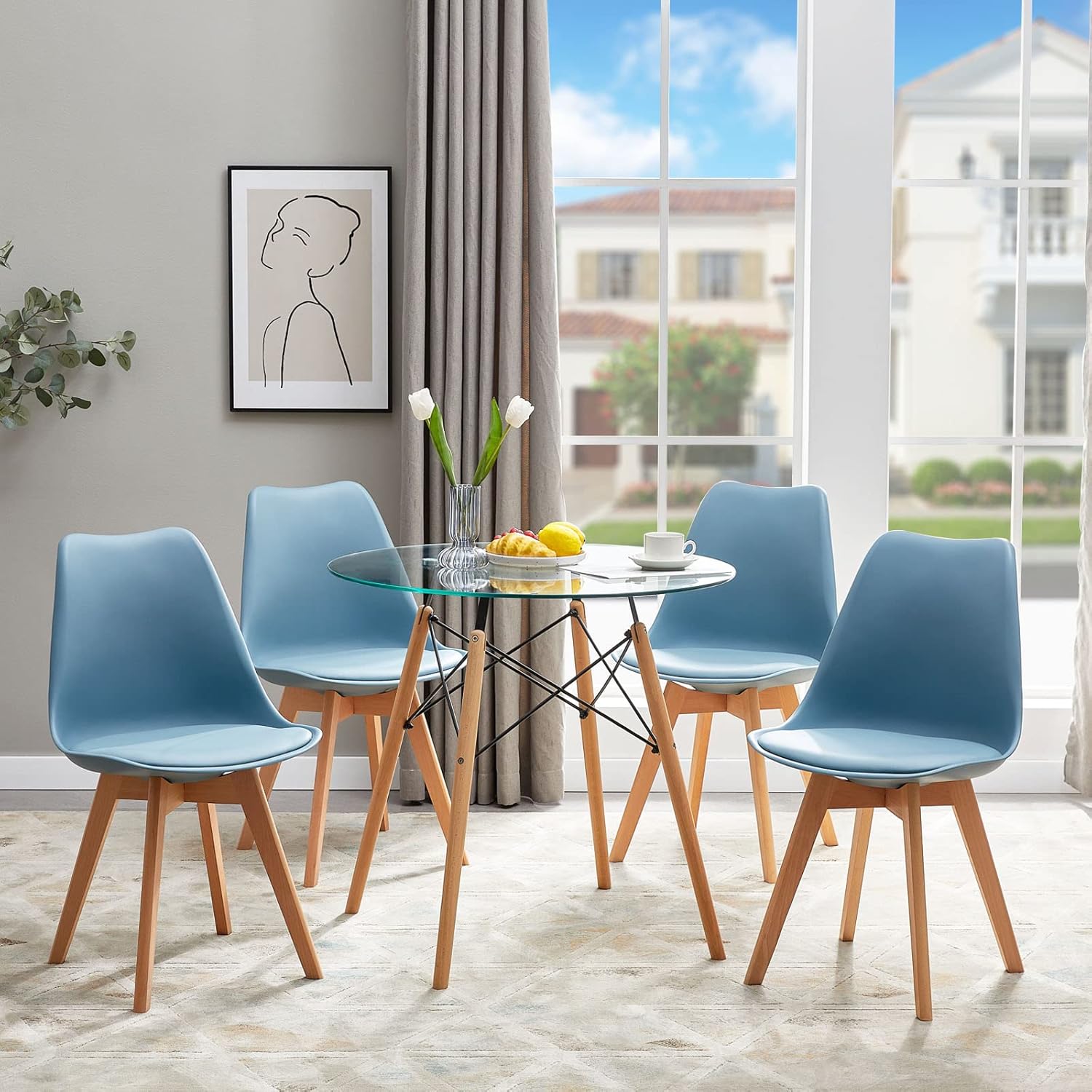 EGGREE - chaises salle à manger lot de 8 - bois hêtre - rembourrées bleues