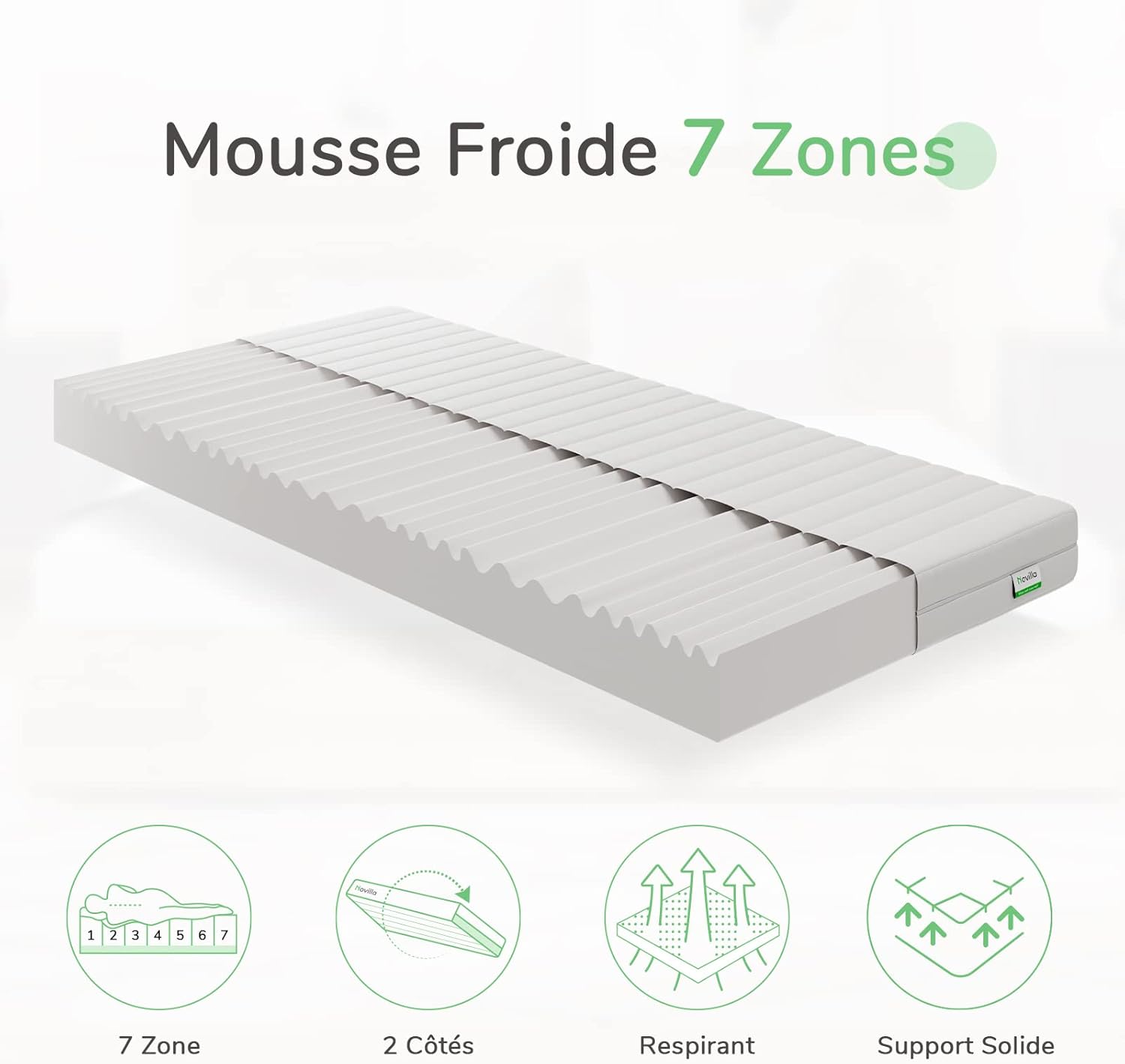 Novilla - Matelas mousse 7 zones 90x200 réversible respirant 16cm