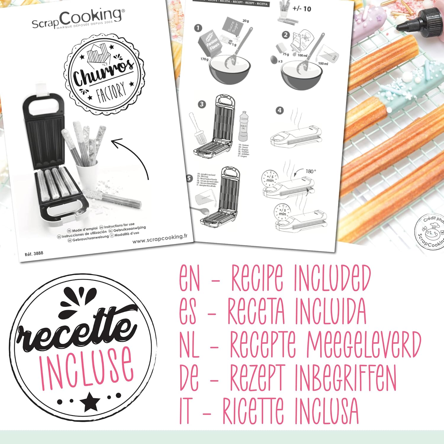 ScrapCooking - Churros Factory, plaque antiadhésive, rotation 180°, recette incluse, 3888