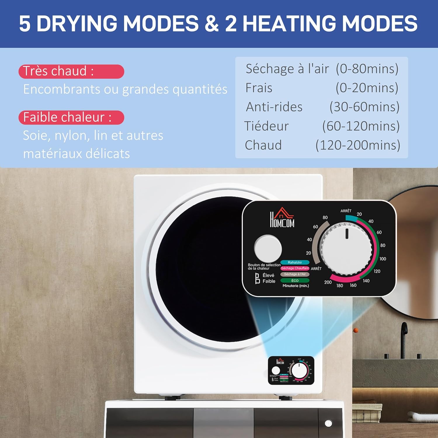 HOMCOM - sèche-linge 4kg, 850W, 4 modes, mural, inox, compact
