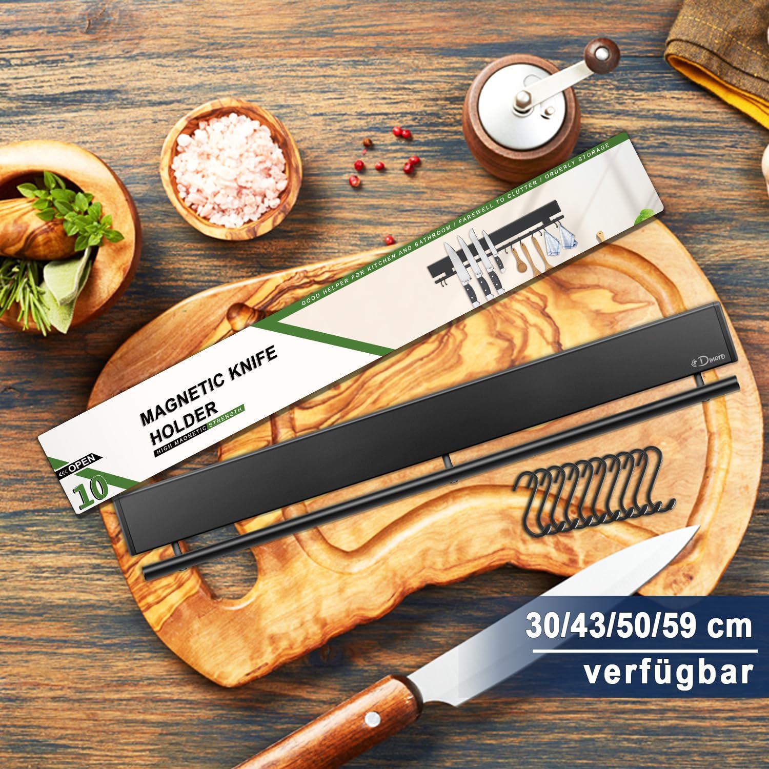 Dmore - Barre magnétique noire 43 cm, 10 crochets, adhésif inclus