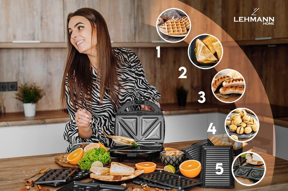Lehmann - Sandwichmaker 5en1 - 800W - plaques antiadhésives, multi-formes