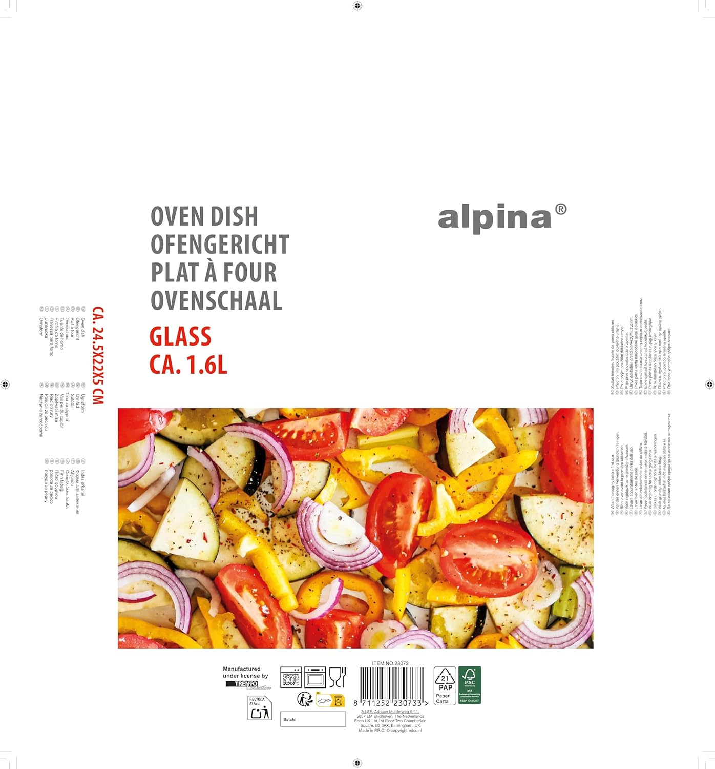 Alpina - plat à four carré verre 1,6L - 24,5x22x5cm - four, micro-ondes, lave-vaisselle