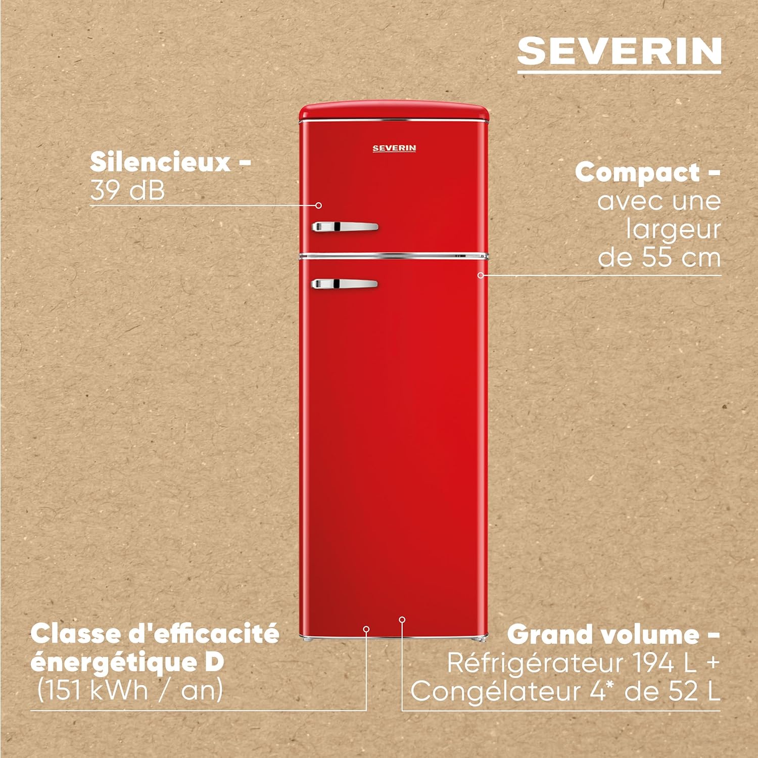 SEVERIN - Rétro double porte série - 55cm - 246L Classe D Rouge RKG 8983
