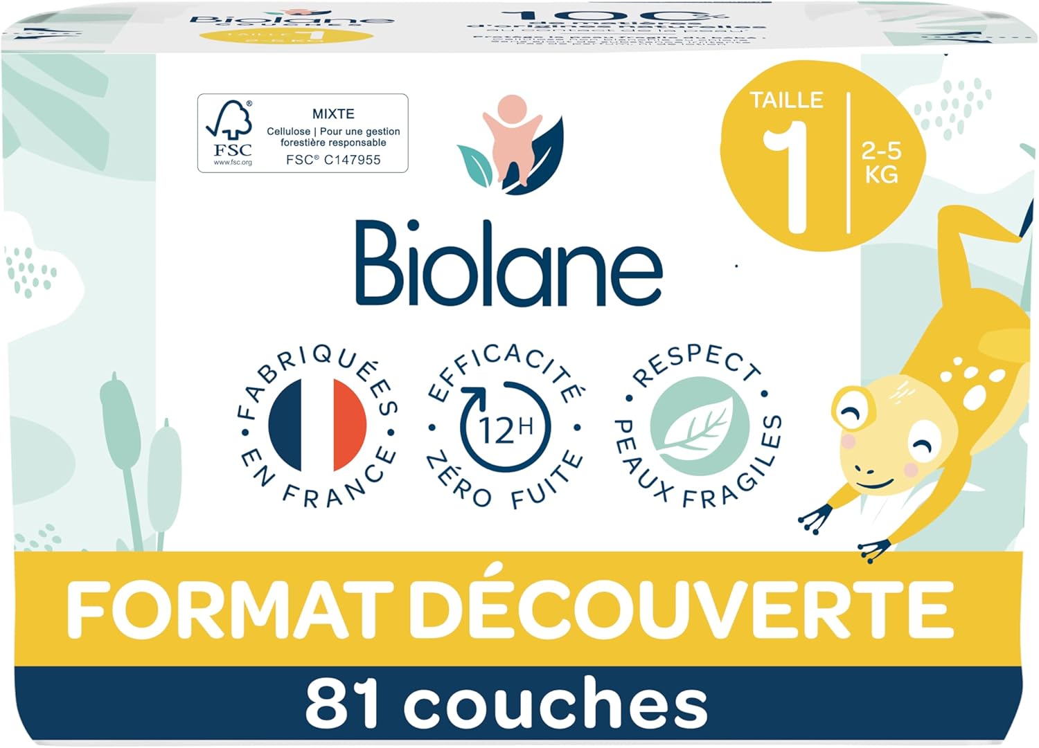 Biolane - couches bébé taille 1 (2-5 kg) - ultra-absorbantes, 12h au sec, confort, 81 couches