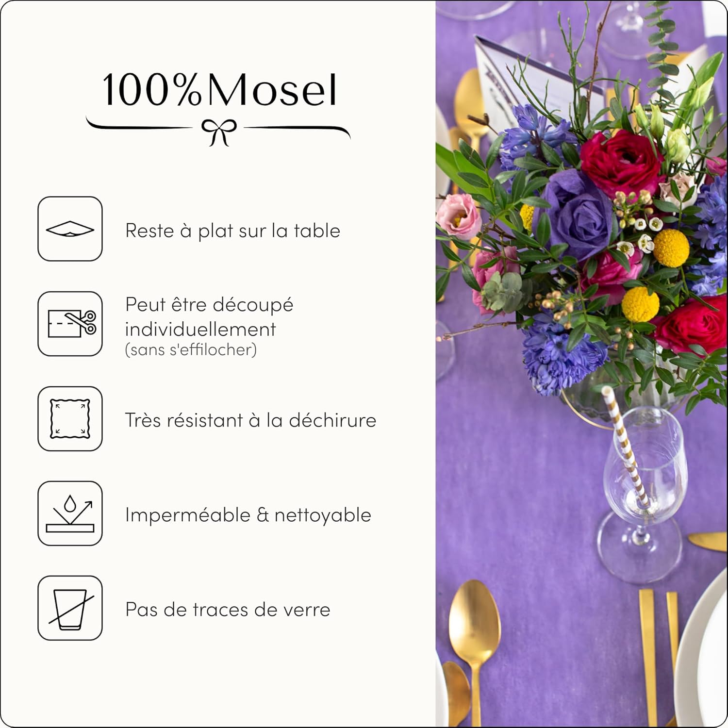 100%Mosel - chemin de table non-tissé violet 30x250cm - déco occasions