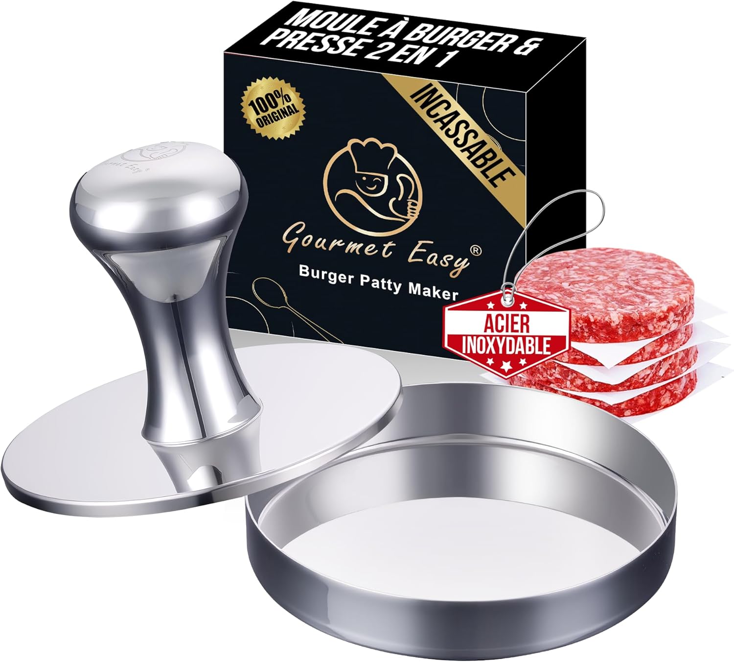 Presse à hamburger 2 en 1 inox, facile à nettoyer, moule poli miroir