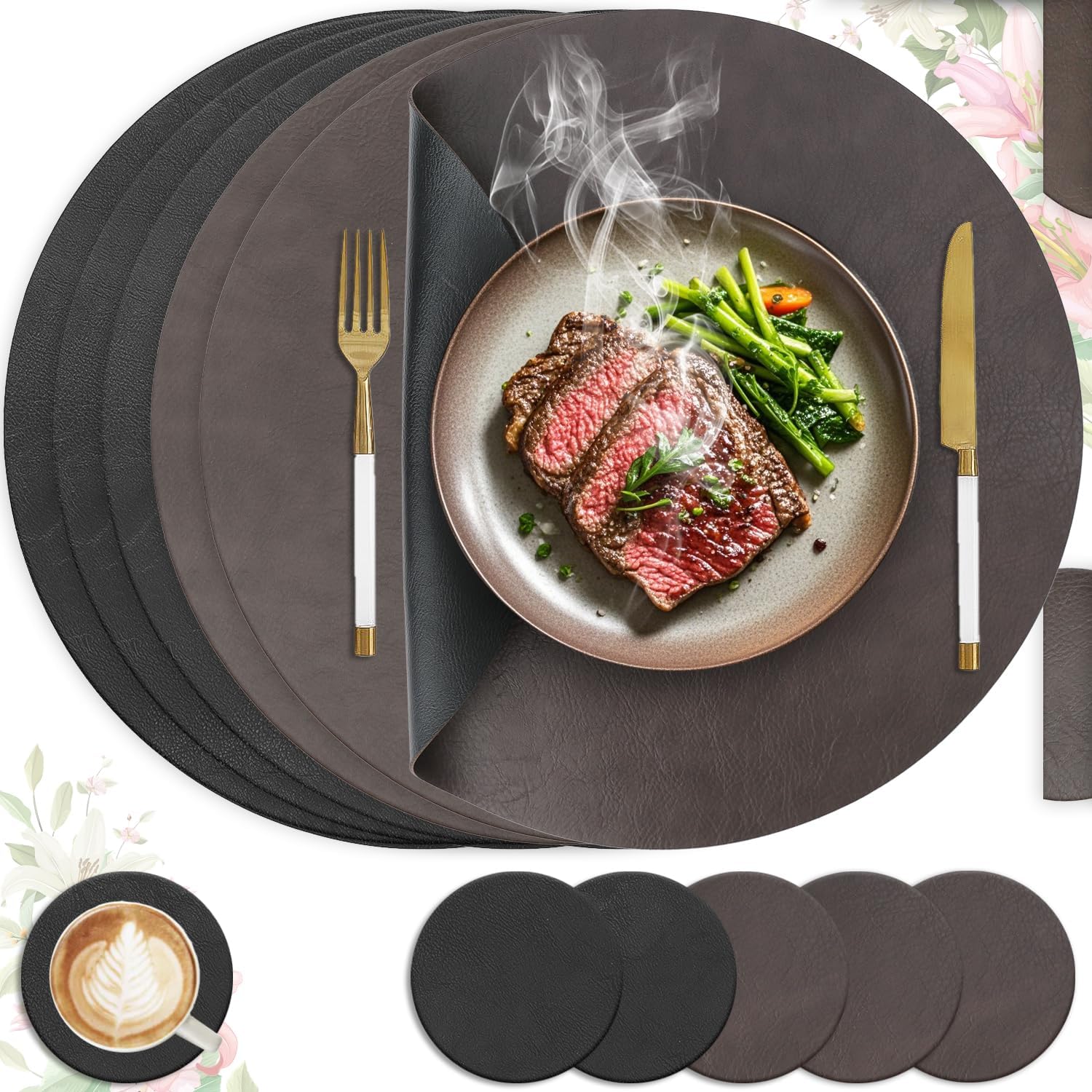 Set de table - lot de 6 ronds 36x36cm - lavables, antidérapants, PU double face