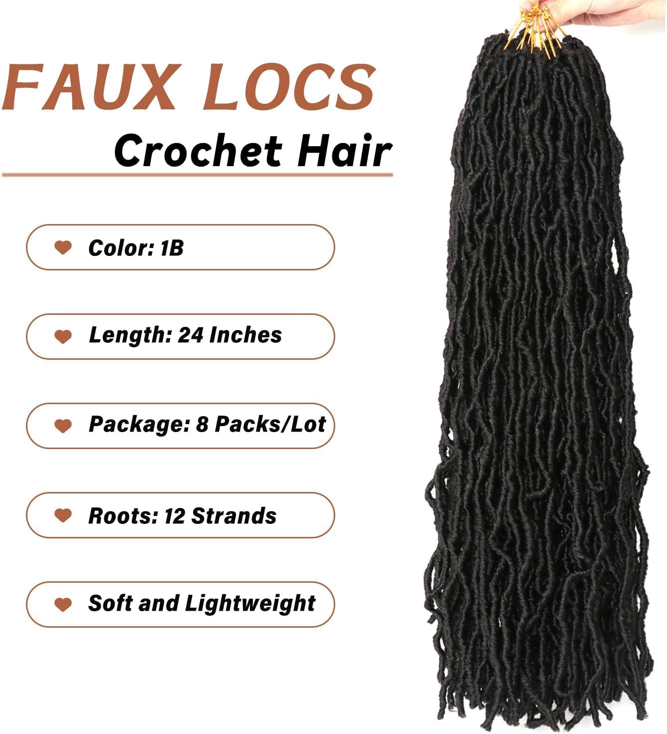 Faux Locks - crochet braids, 60,9cm, mèches souples, lot de 8