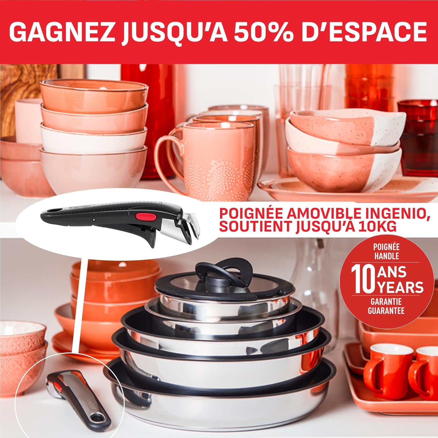 Tefal - Ingenio Emotion - batterie cuisine 20 pièces, induction, poignées amovibles, antiadhésif, empilable, L897SK04