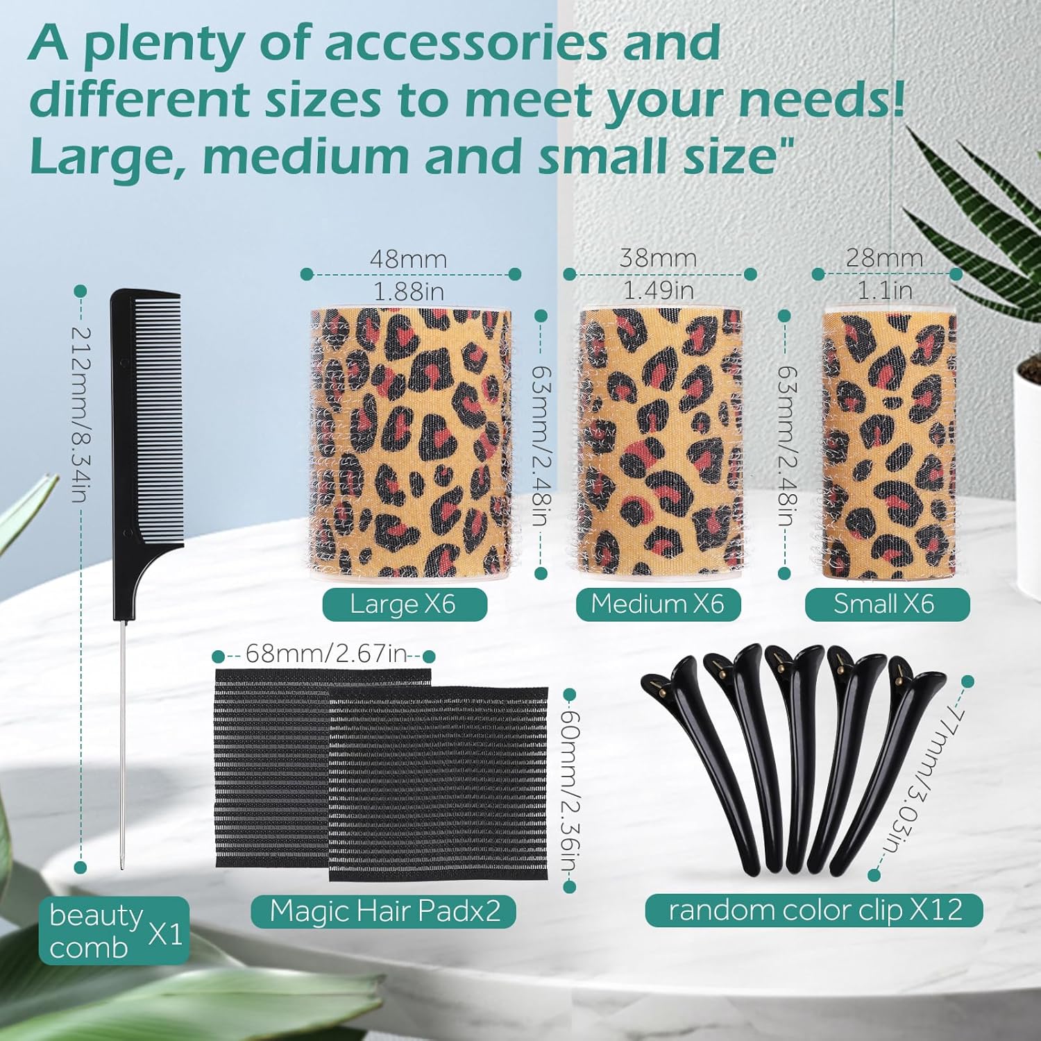 GeeRic - Bigoudis auto-agrippants, 33 pièces, sans chaleur, imprimé léopard, avec pinces et peigne, cheveux longs