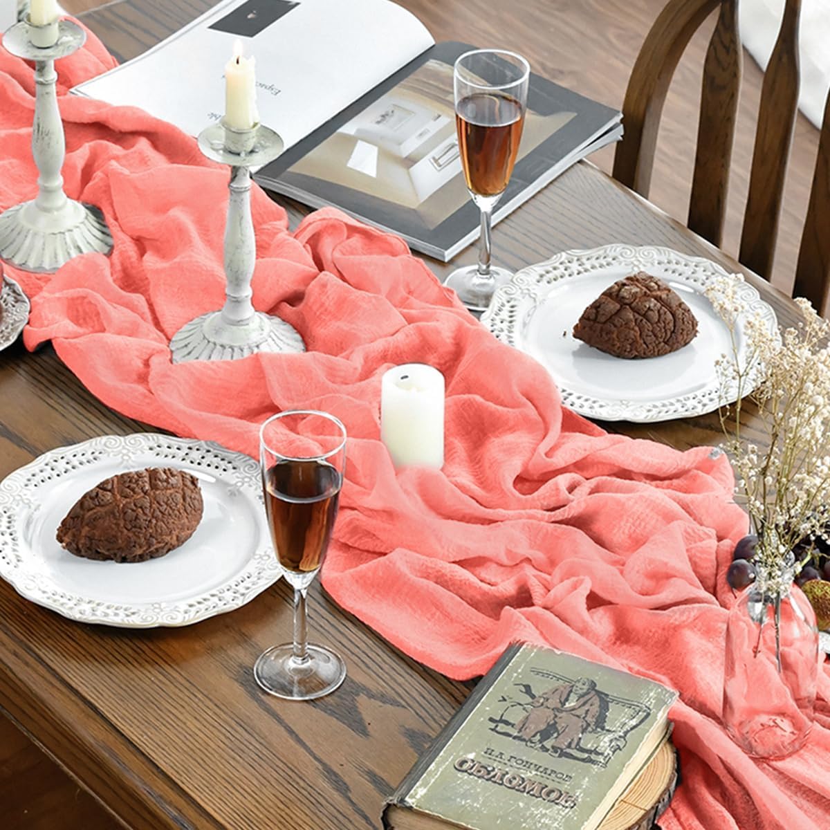 Artoid Mode - Chemin de table bohème corail - 300 cm - mousseline gaufrée, déco festive