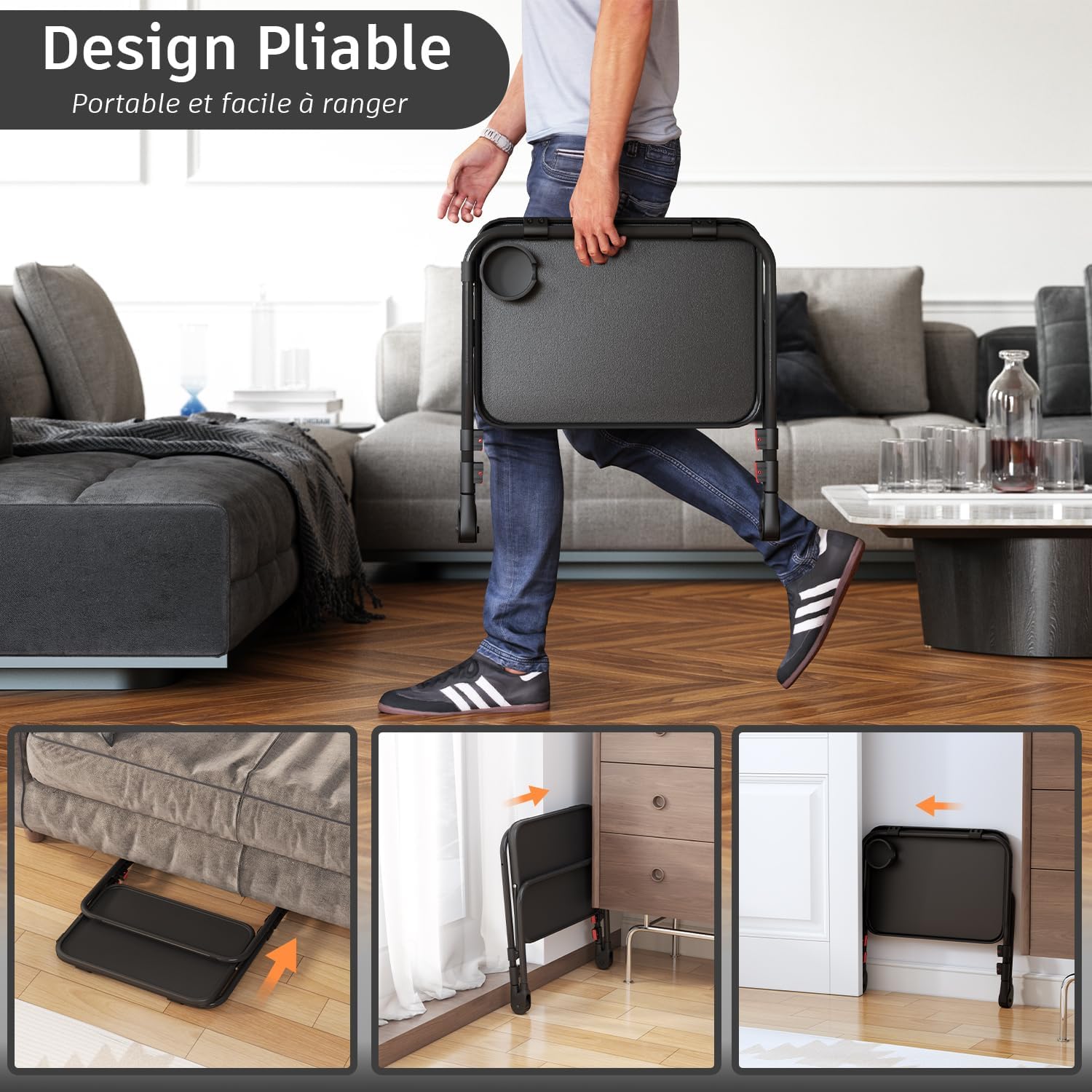 Bureau pliant - hauteur réglable, plateau inclinable, compact, noir