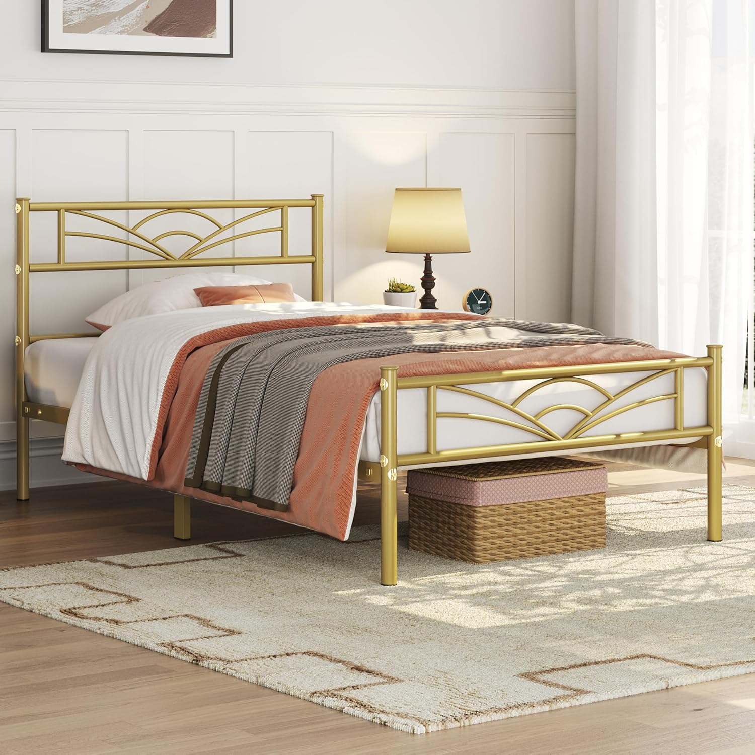 Yaheetech - lit simple métal - 90x200cm - montage facile, or antique