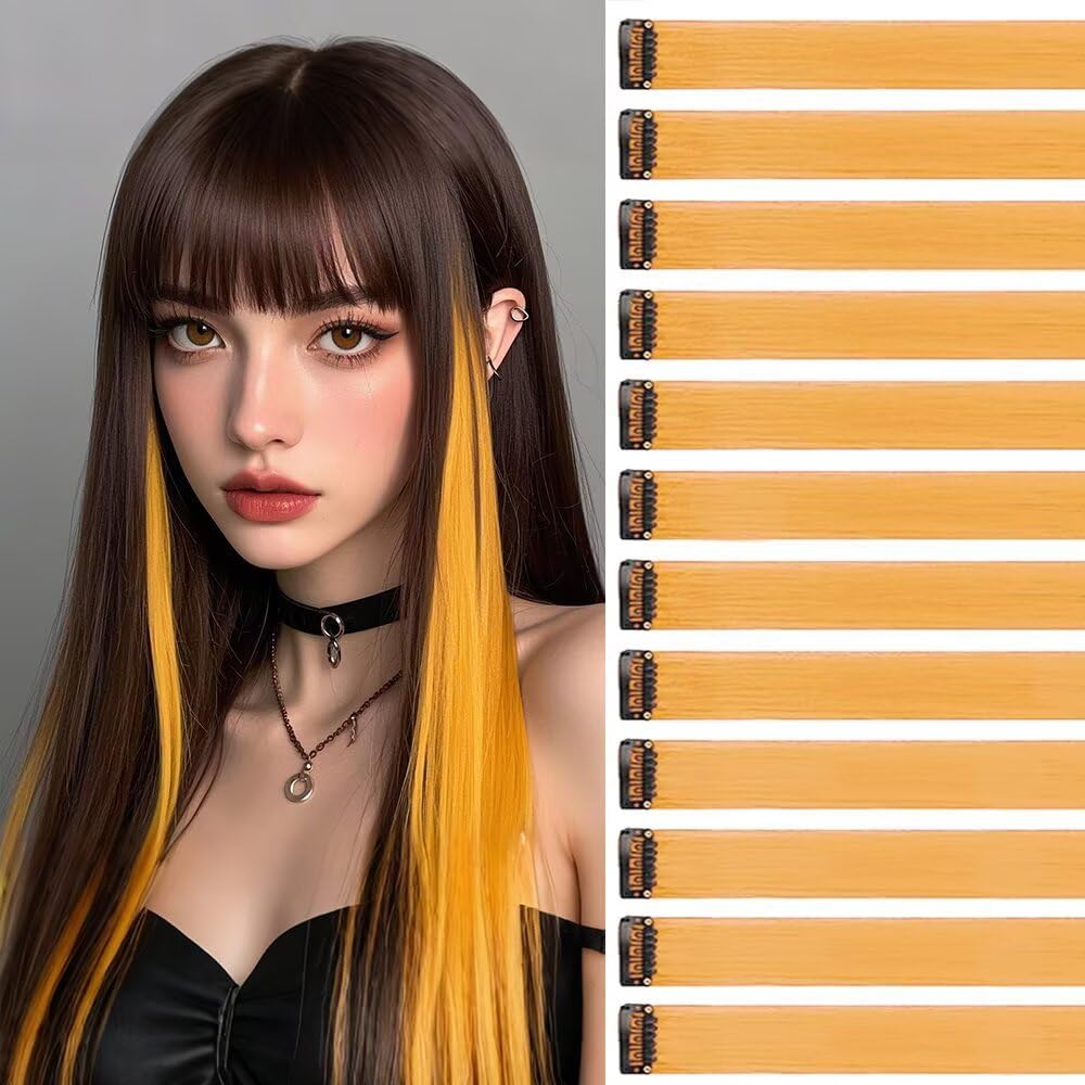 Extension cheveux - Jaune mangue, 55cm, lot 12 pièces, accessoire fille
