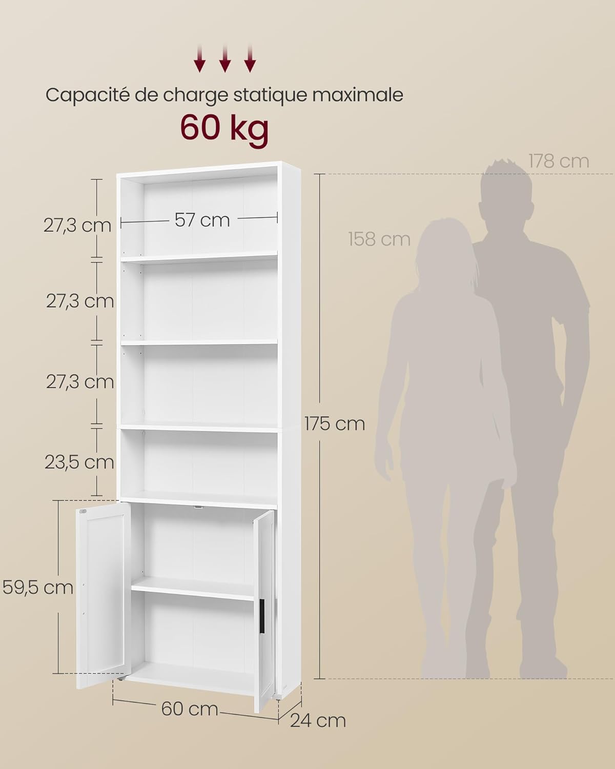 VASAGLE - Custos Collection bibliothèque étagère 24x60x175cm, 6 niveaux, portes, blanc nuage LBC402W01