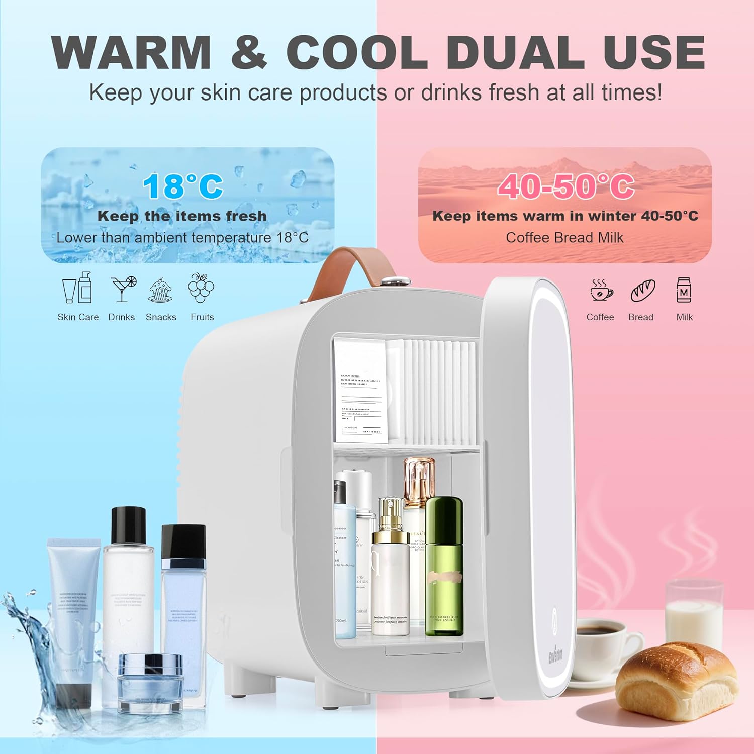 Enventor - Mini Frigo 4L - miroir LED, 6 canettes, CA/12V, blanc