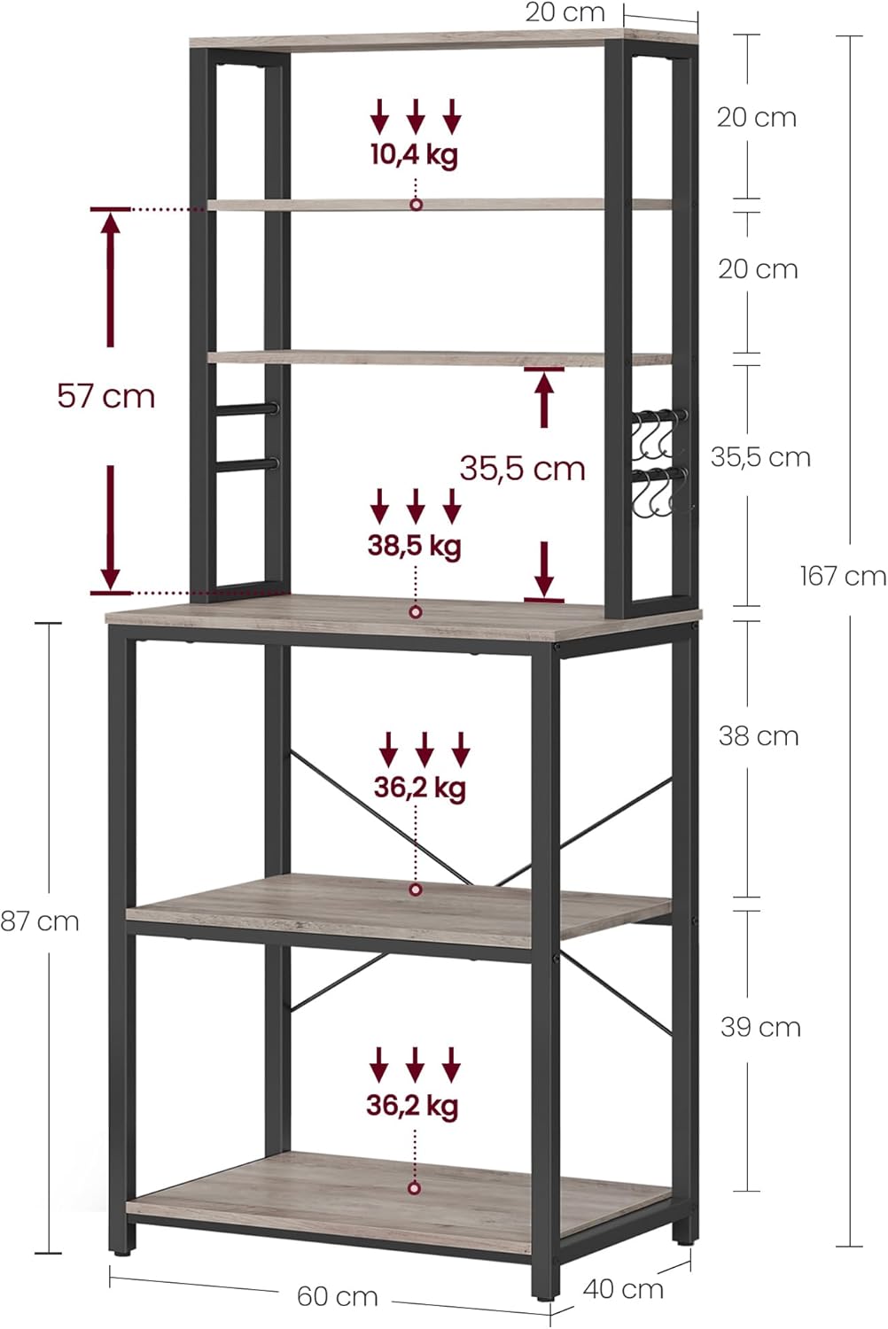 VASAGLE - étagère cuisine 40x60x167 cm, 6 niveaux, 6 crochets, acier, KKS024B02