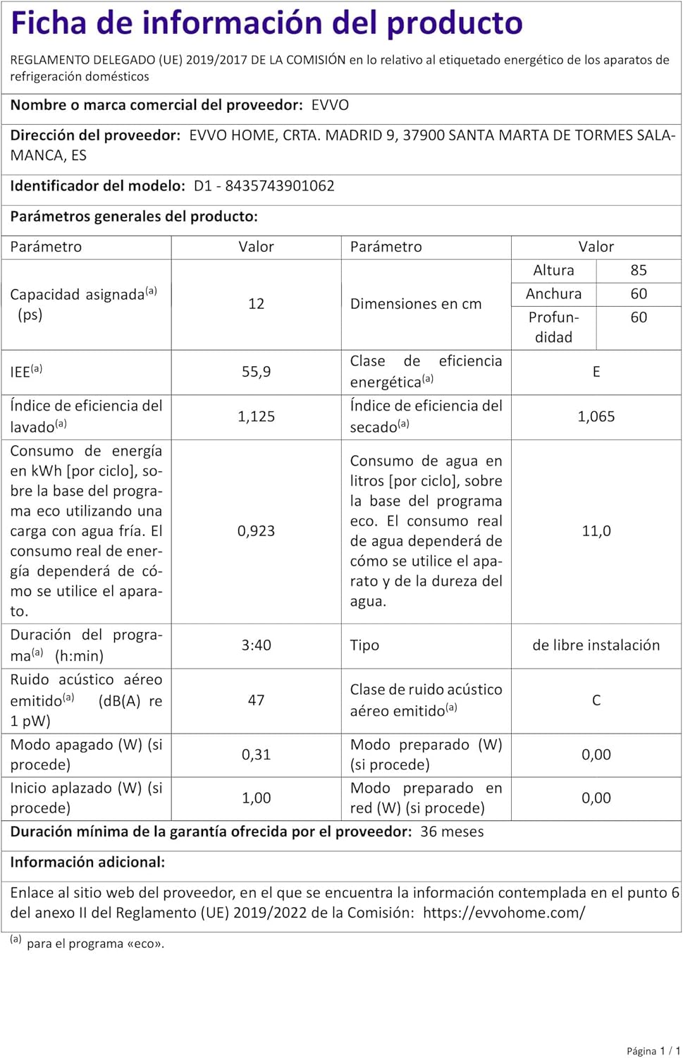 EVVO - D1 - 60 cm - 12 couverts, 5 programmes, plateau réglable