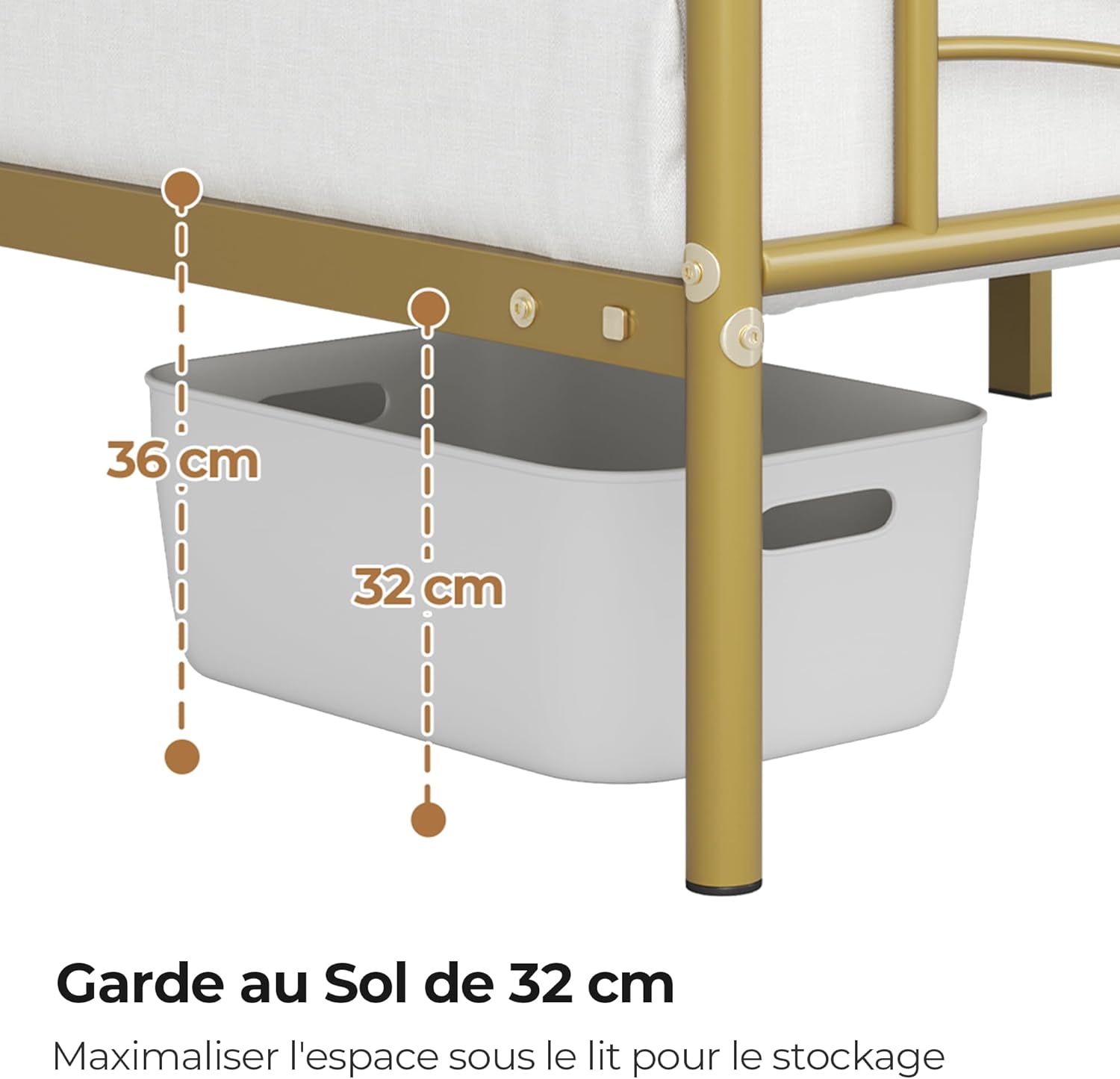 Yaheetech - lit simple métal - 90x200cm - montage facile, or antique