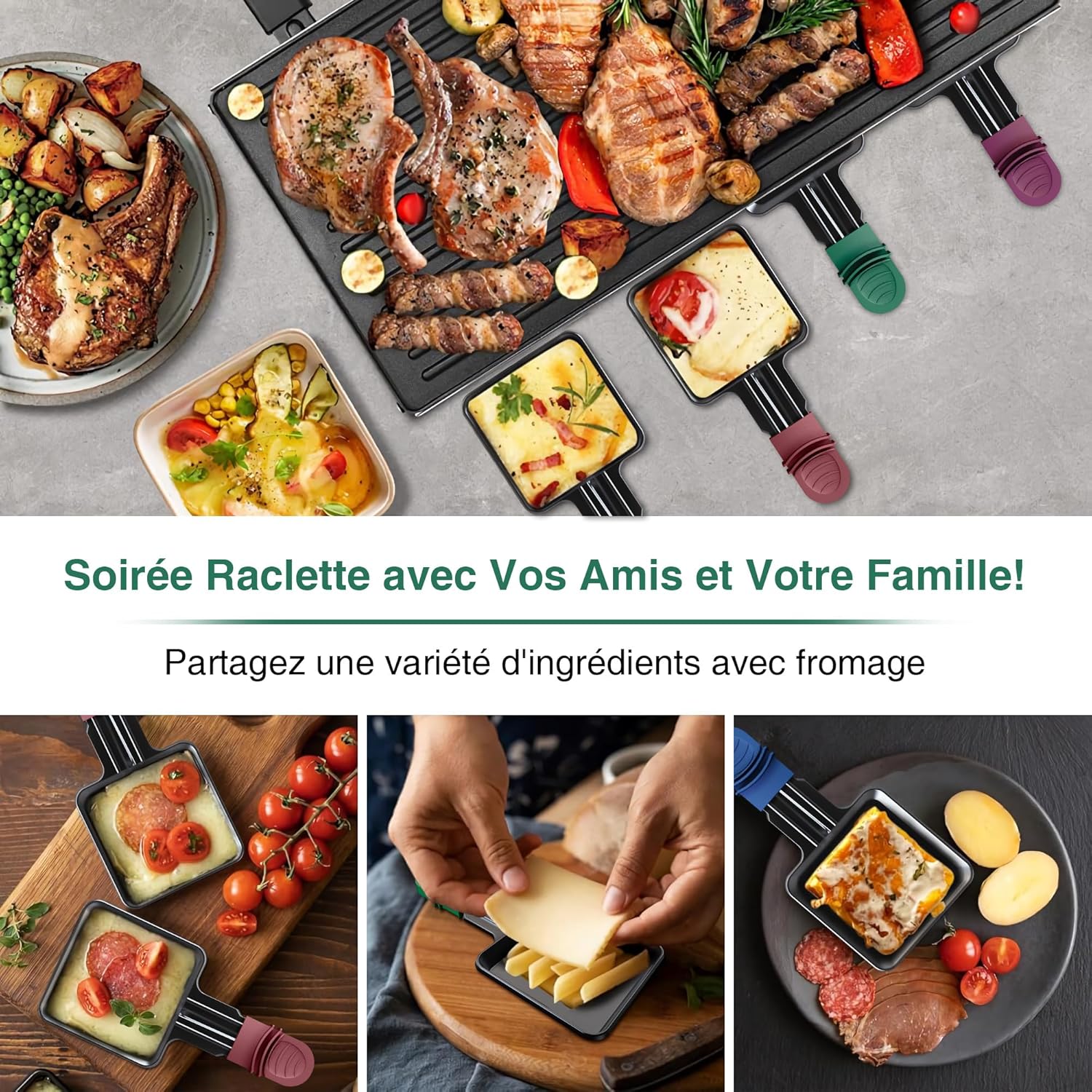 Poêlons à raclette carrés - mini format - revêtement antiadhésif, poignées colorées, 4 spatules, compatible lave-vaissel