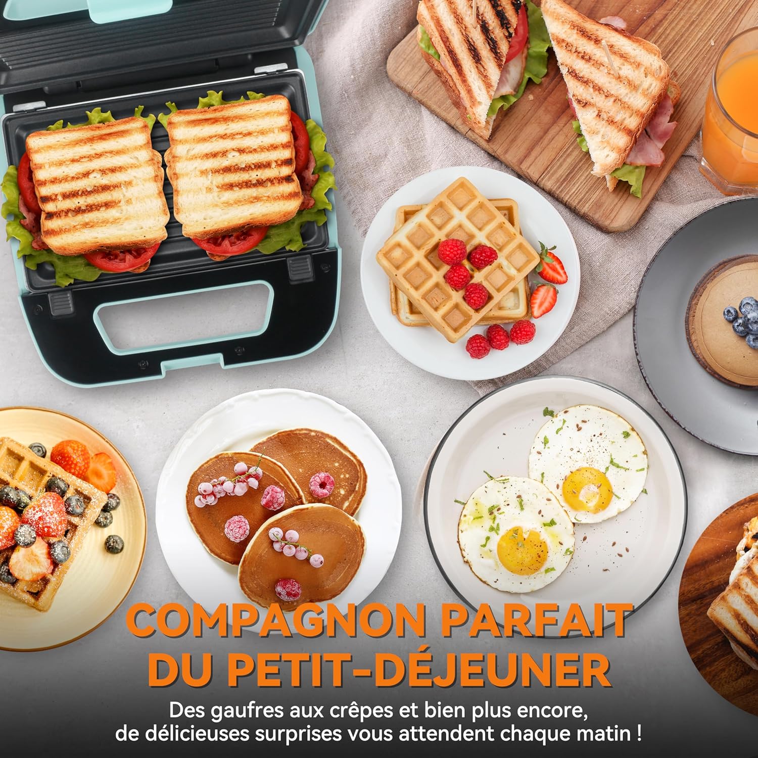 Baker's Friend - gaufrier 3 en 1, plaques amovibles, inox, aqua, antiadhésif