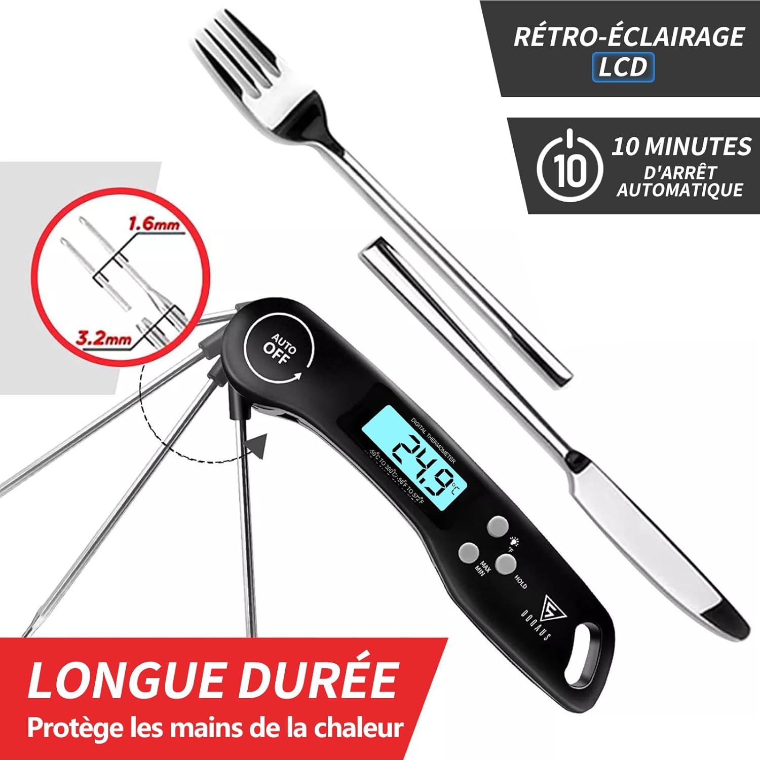 DOQAUS - Thermomètre Cuisine - sonde pliante, écran LCD, lecture 3s, auto off