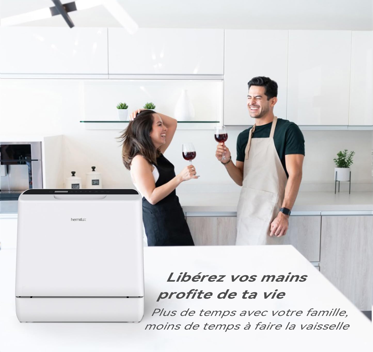 Hermitlux - Mini lave-vaisselle compact 43cm, 4 couverts, robinet ou autonomie, 175kWh/an, blanc