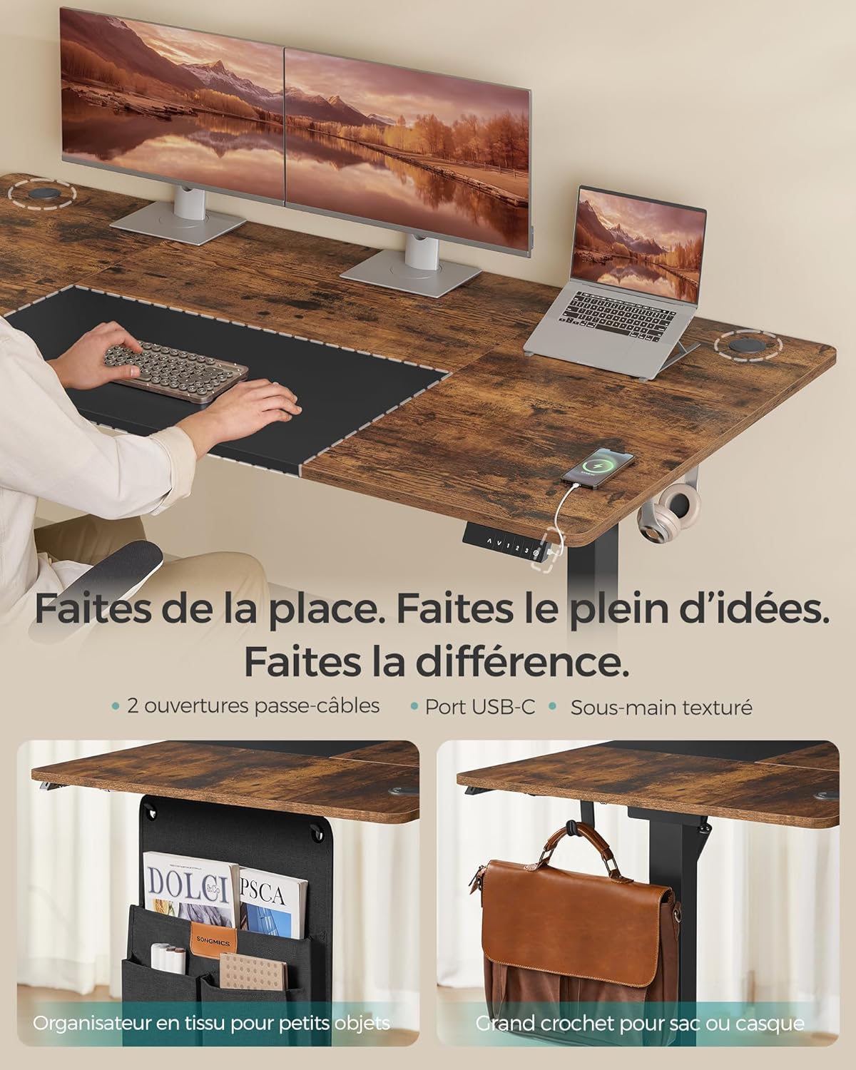SONGMICS - bureau électrique réglable - 180x80 cm - mémoire 4 hauteurs, port USB-C, assis-debout, marron/noir - LSD028KD